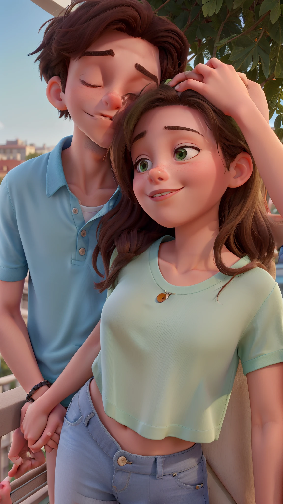 A 23 year old young couple girl taking the selfie they are in a balcony the girl wearing light green crop top and boy wearing a ash color shirt. The boy wraped his arm around girl’s head and kissing her head with closed eyes they have tied there other hand