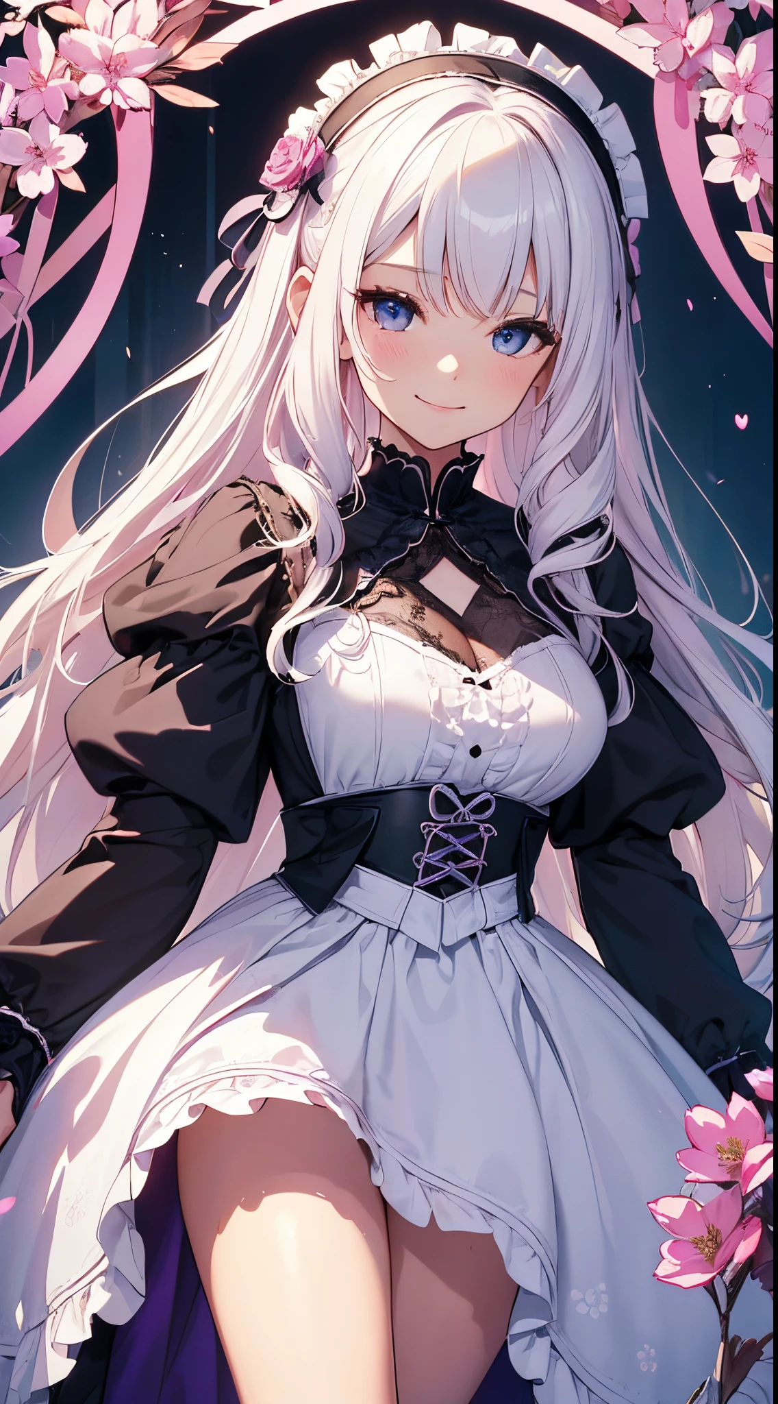 (masterpiece、top-quality、top-quality、Official art、Beautifully Aesthetic:1.2)、(1womanl)、ighly detailed、(Fractal Art:1.4)、highestdetailed、long wavy white hair、White hair、Blue eyes、rounded drooping eyes、very small chest 、Flat, small tits、Mature beautiful woman、The background is purple, Blue, pink lace pattern design、The background is a heart design、Lolita fashion based on black、Ruffled headdress、Cute smile、Outstanding smile