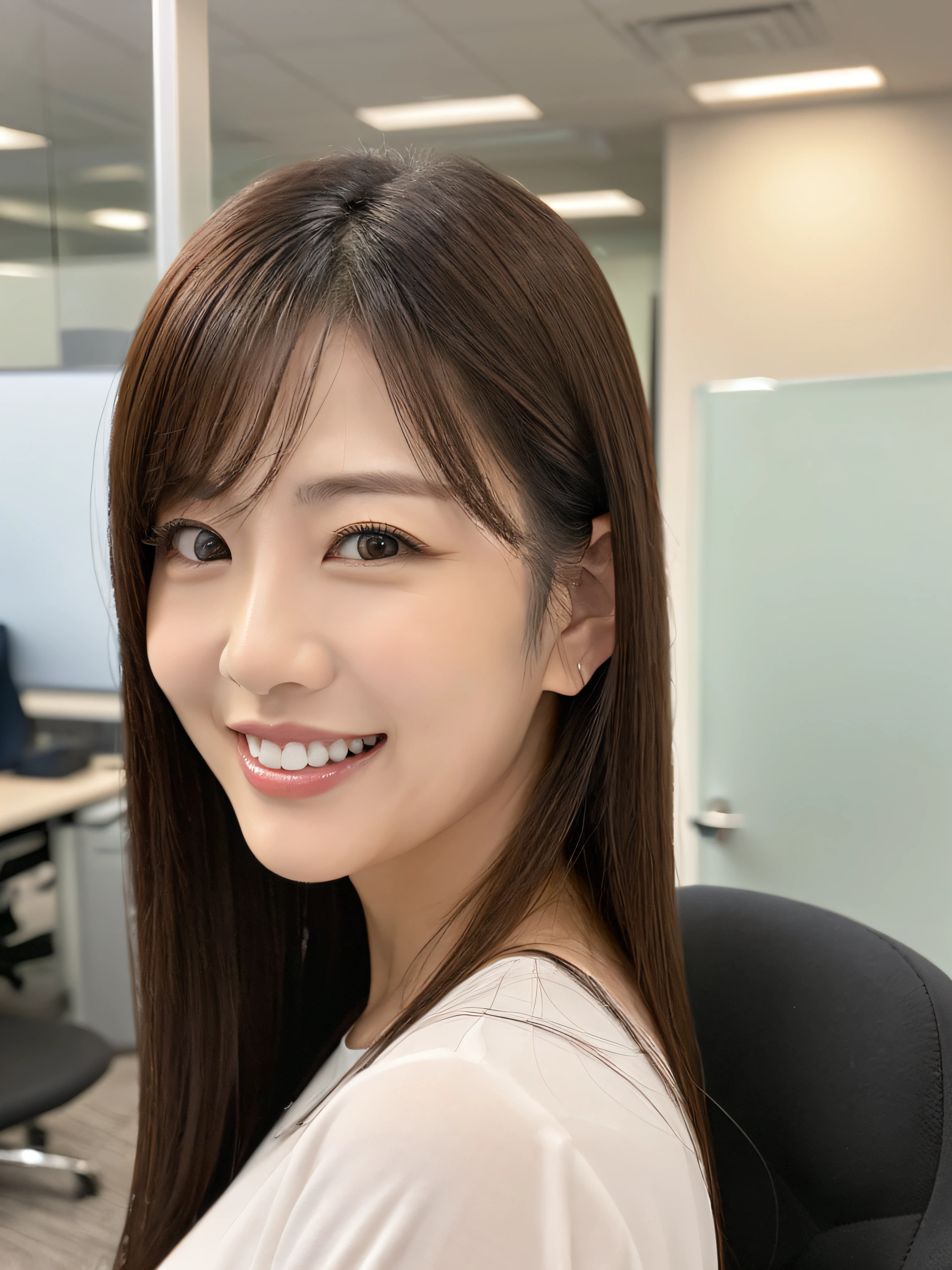 A Japanese milf, photo of one lady, Slender figure, Realistic teeth, double eyelids, smile, full-length, at the office