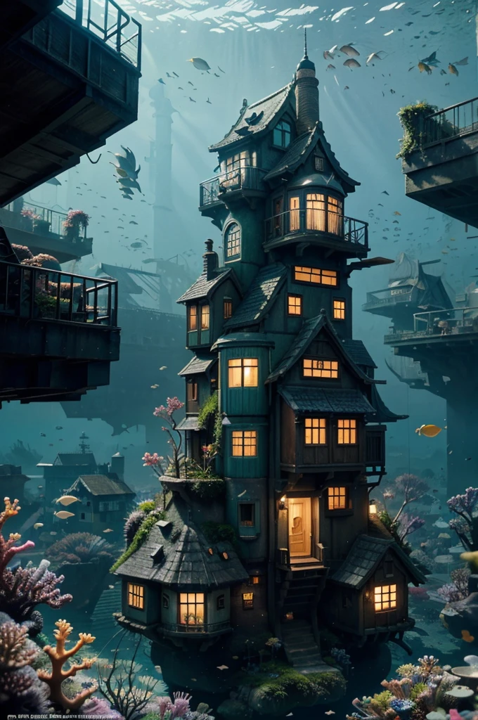 Color (Fantasy: 1.2), (Hayao Miyazaki style), (irregular building floating under the sea), patchwork cottages, Moss decorations, coral, lights, concept art inspired by Andreas Rocha, Artstation contest winner, Fantasy art, (underwater city), ross tran, light shafts, realistic lighting, masterpiece, high quality, beautiful graphics, high detail, masterpiece, high quality, beautiful graphics, high detail,