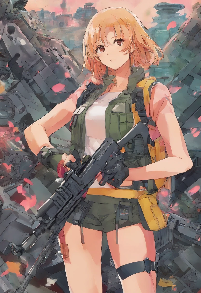 Affiche du film Commando, Belle femme soldat, anime girl aux cheveux verts tenant un pistolet rose, bikini + Tattered military equipment, Fille soldat, avec fusil, fully colored, trigger anime artstyle, Special operations，Avoir un gros pistolet à la main, Rivet, explosions, La Voiture, planes, un seul corps，Ultraclair，8k，extreme details，