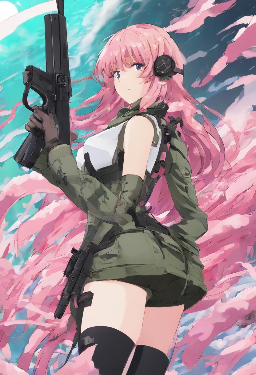 Affiche du film Commando, Belle femme soldat, anime girl aux cheveux verts tenant un pistolet rose, bikini + Tattered military equipment, Fille soldat, avec fusil, fully colored, trigger anime artstyle, Special operations，Avoir un gros pistolet à la main, Rivet, explosions, La Voiture, planes, un seul corps，Ultraclair，8k，extreme details，