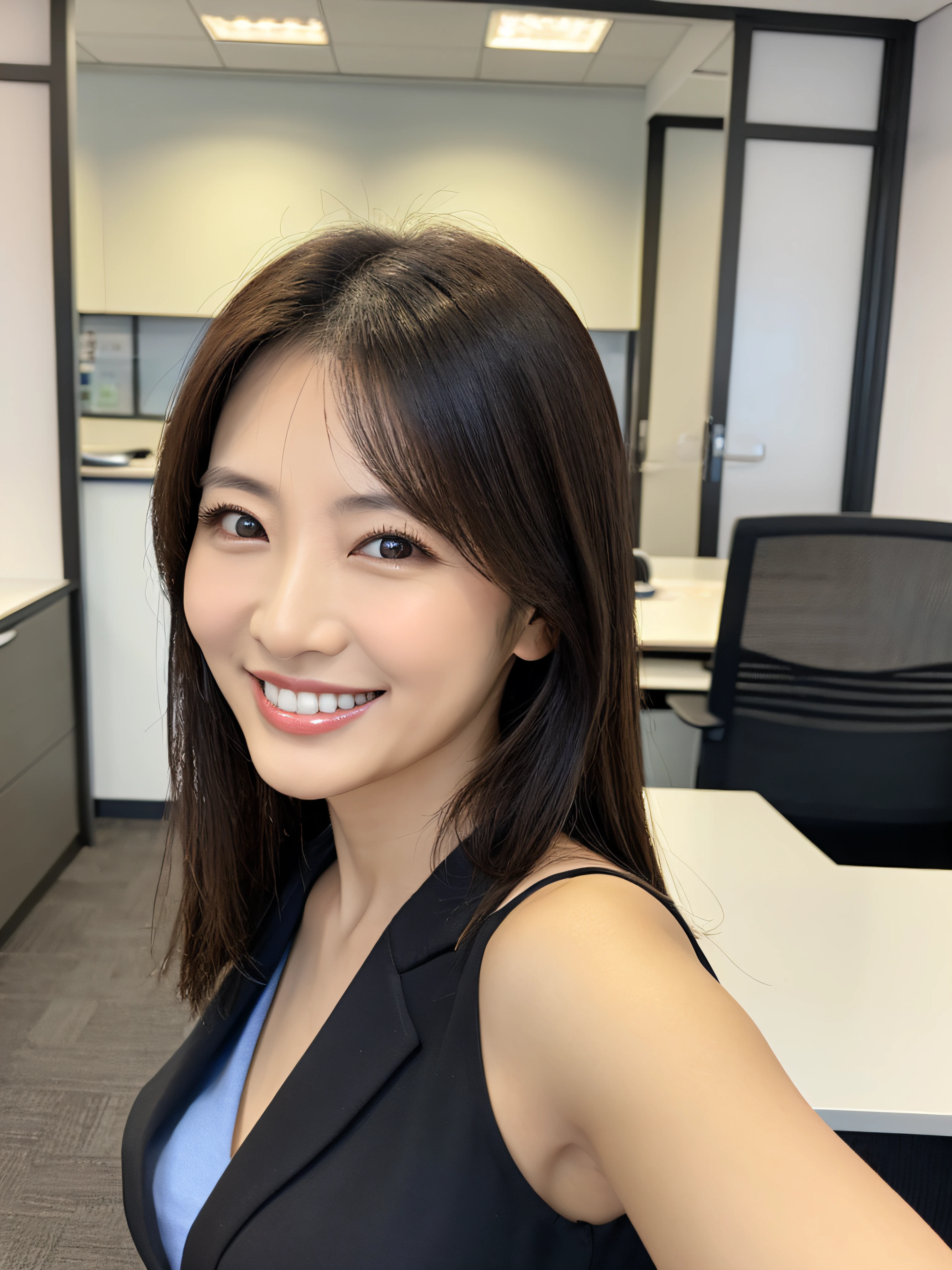 A Japanese milf, photo of one lady, Slender figure, Realistic teeth, double eyelids, smile, full-length, at the office
