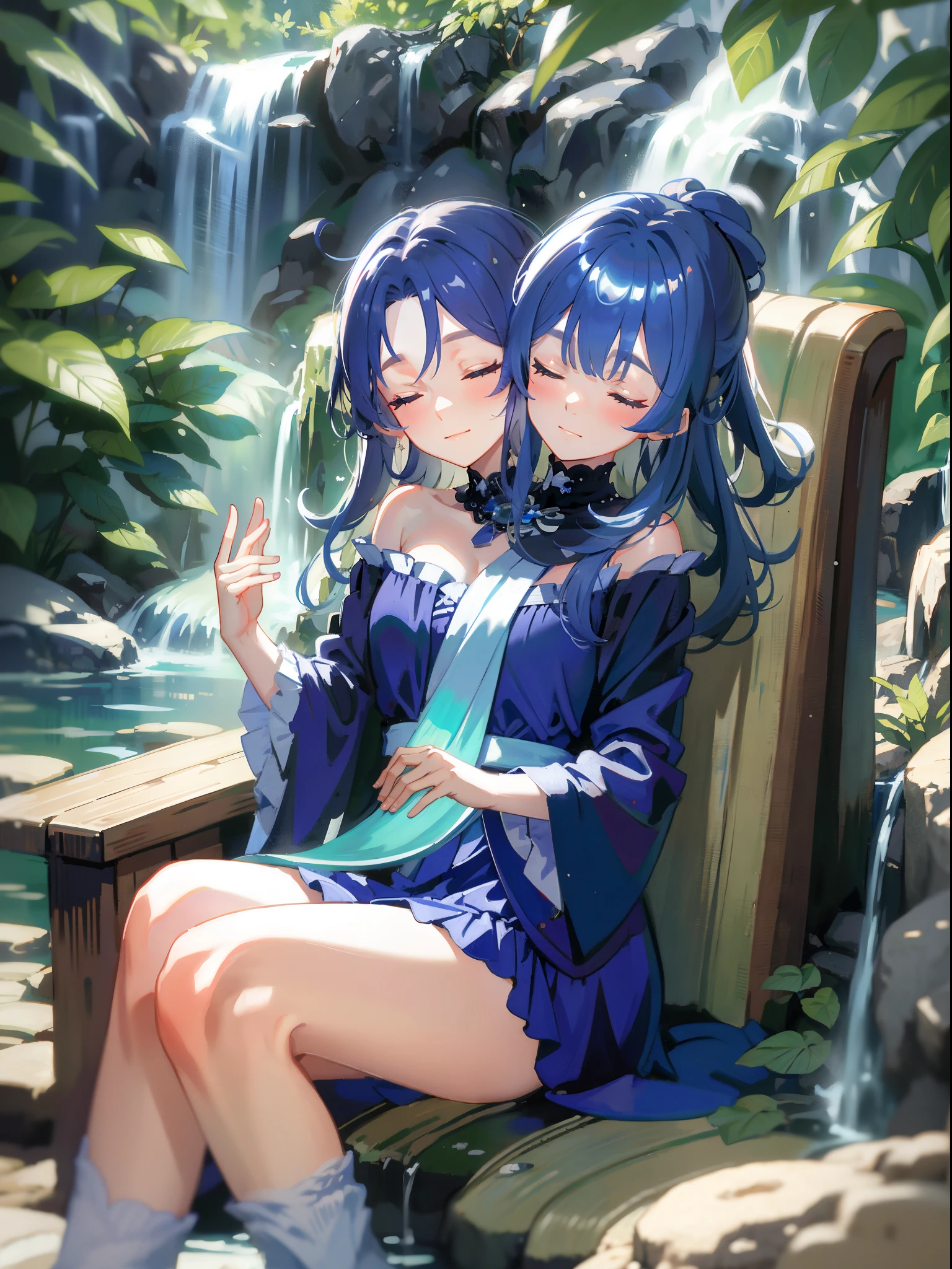 (masterpiece, best quality), best resolution, (2heads:1.5), 1girl, dark blue hair, eyes closed, relaxed, blue priest robe, meditating beside a waterfall, sitting