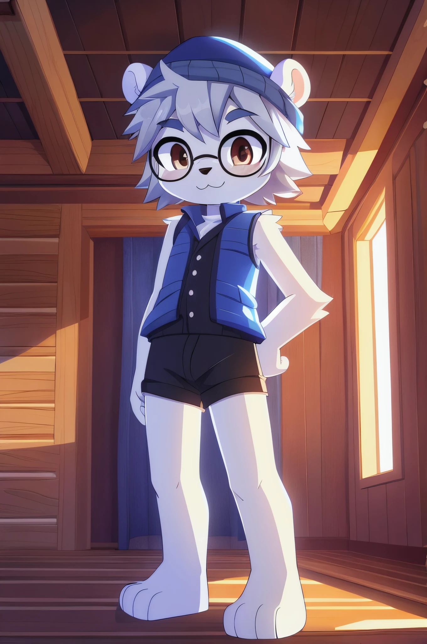 Furry shota, young, polar bear, grey hair, spiky hair, spiky short ponytail, detailed body fur, brown eyes, winter blue vest, open clothes, black short pants, wool cap, masterpiece, looking at you, white body fur, detailed face, big eyebrows, detailed eyes, detailed body, inside cabin, detailed hands, flat body, glistering body, shiny body, skinny, spectacular effects, sassy face, :3, glasses, standing, perfect lighting, perfect shadows, perfect eyes, perfect hair, perfect face, gorgeous body, feets whit three toes, full body,