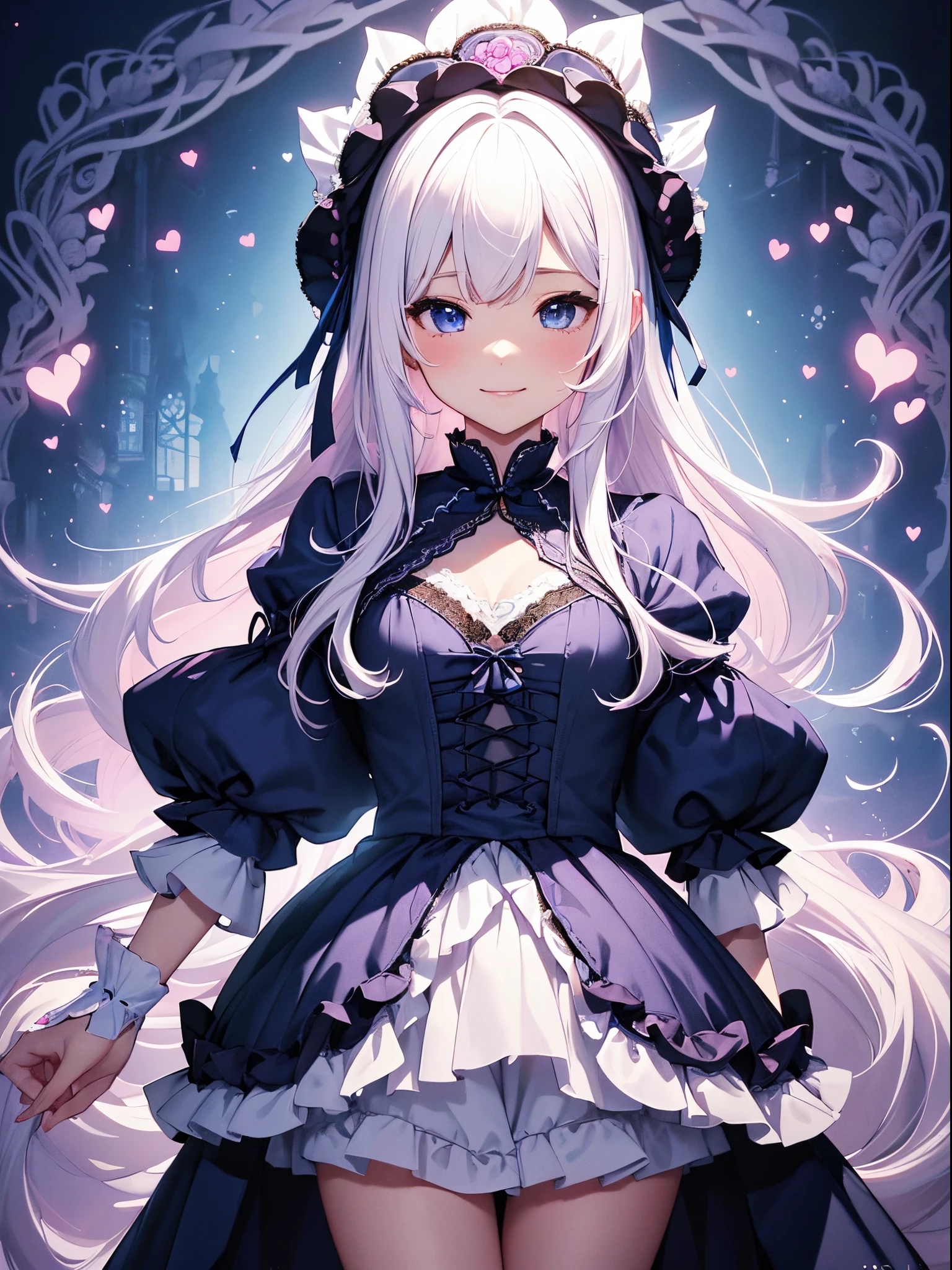 (masterpiece、top-quality、top-quality、Official art、Beautifully Aesthetic:1.2)、(1womanl)、ighly detailed、(Fractal Art:1.4)、highestdetailed、long wavy white hair、White hair、Blue eyes、rounded drooping eyes、very small chest 、Flat, Poor chest、Mature beautiful woman、The background is purple, Pink, and blue lace pattern....、The background is a heart design、Lolita fashion based on black, White and pink、Ruffled headdress、Cute smile、Outstanding smile