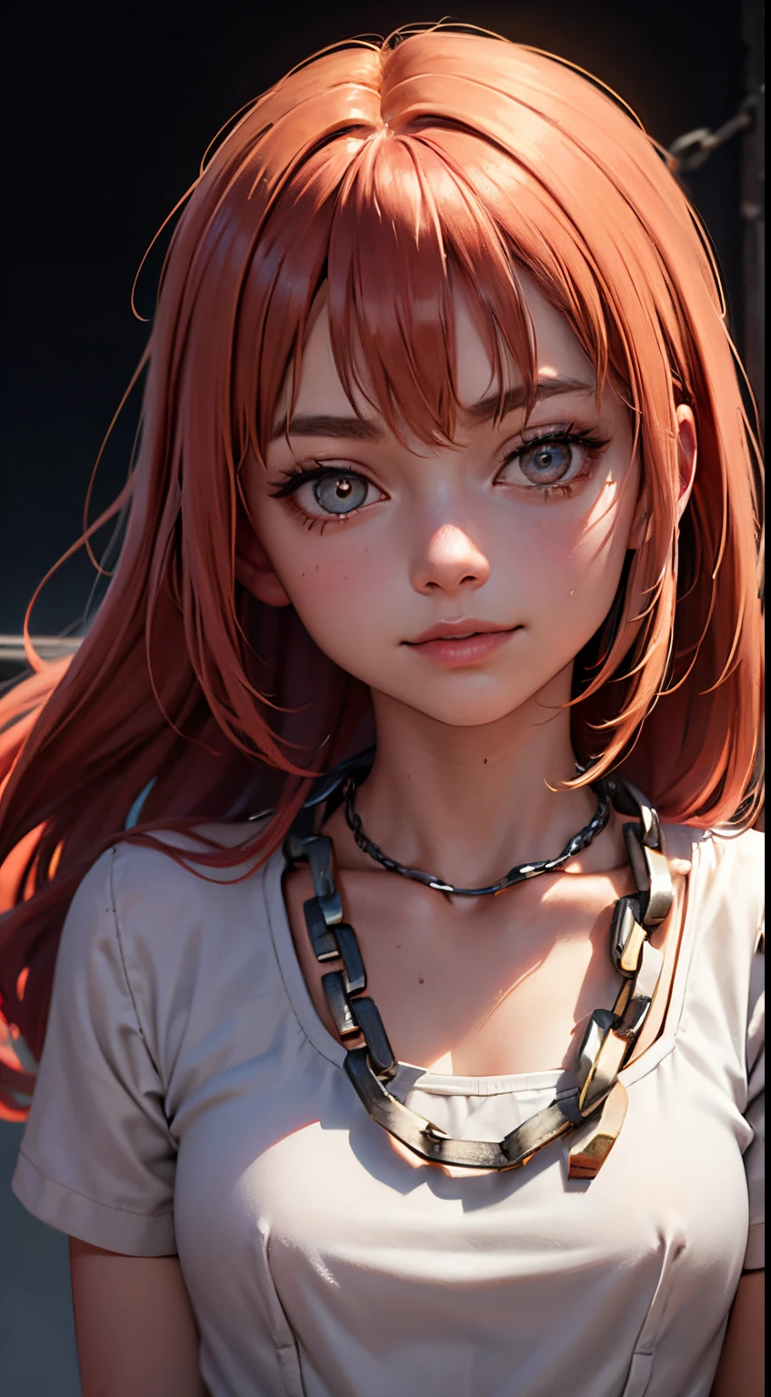 Makima with the face of Margot Robbie (chain saw man), Best Quality, ultra-detailliert, 1girl in, Solo, Standing, Red hair, Long braided hair, Golden Eyes, Bangs, very small pointed chest, White shirt, tie, Look, Smile, (in bad: 1.2), Looking at the viewer, (interview: 1.3), (Dark background, chains: 1.3), From above, sharp contrast, Beautiful detailed eyes, Focus, Close Up Shot