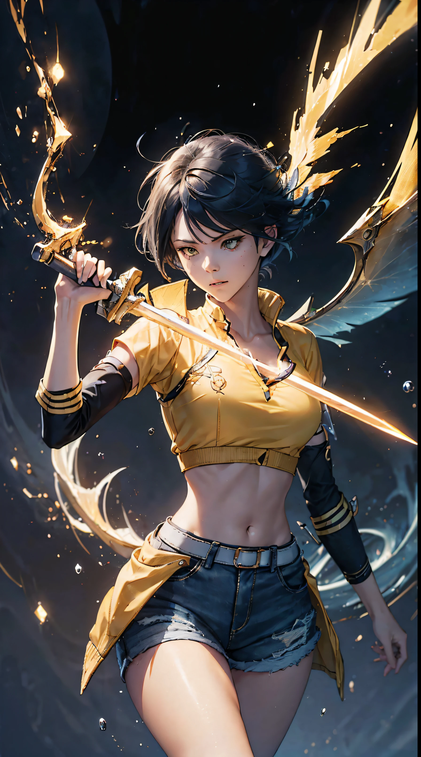 Man, elegant pose, Baddas stare,Hold a yellow sword with a yellow lightning emblem, yellow short wispy Pixie hair, yellow eyes, yellow short shirt, black hotpants jeans, black Jacket sweater ,In the middle of the shirt there is an omega symbol,HD lighting and dark )<=(epic image quality)dark atmosphere with bright particle light(many effects in background)