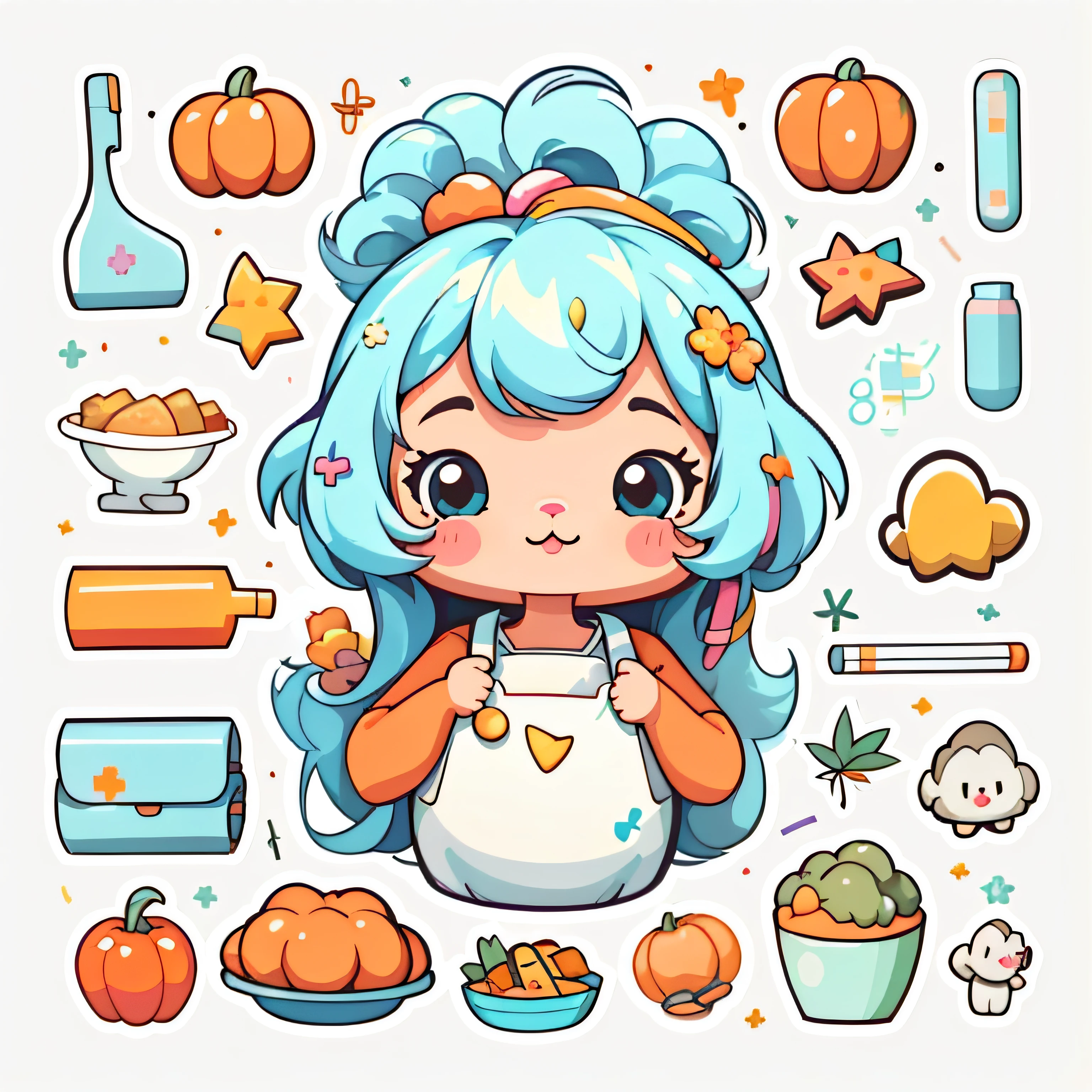 1 sticker, handbook, (a cute girl wishing Thanksgiving, cool and cool), white background, simple background, minimal, Thanksgiving decorations, tiny, pastel color, vector style, no gradient,