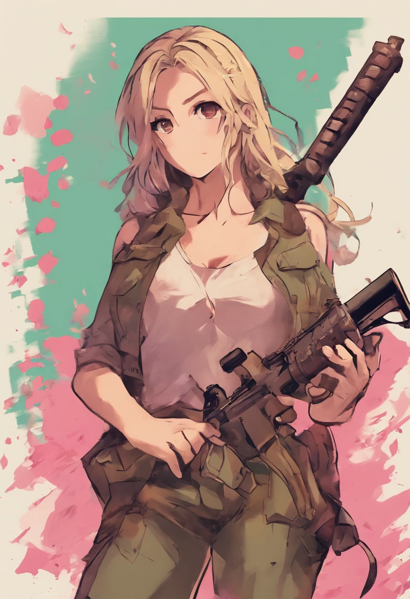 Affiche du film Commando, Belle femme soldat, anime girl aux cheveux verts tenant un pistolet rose, bikini + Tattered military equipment, Fille soldat, avec fusil, fully colored, trigger anime artstyle, Special operations，Avoir un gros pistolet à la main, Rivet, explosions, La Voiture, planes, un seul corps，Ultraclair，8k，extreme details，