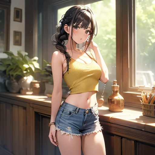 ((masterpiece,best quality)), highres, extremely detailed 8K wallpaper, cheerful, camisole, bare shoulders, cleavage, crop top, cutoffs, denim shorts, midriff, short shorts, spaghetti strap,, glamor, tights, fascinator, braid, , from front,