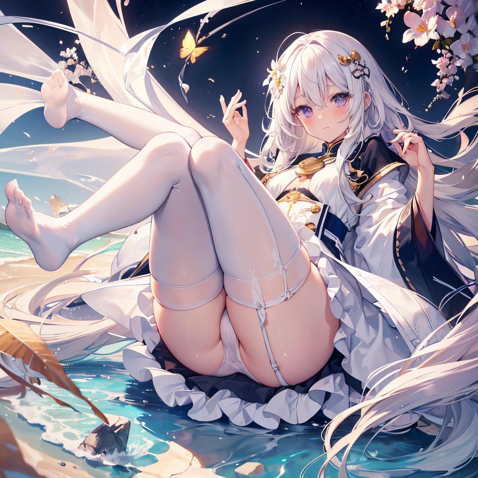 (Hyper-realistic), (illustratio), (A high resolution), (8K), (extremely higly detailed), (Most Best Illustration), (美丽细致的眼睛), (best qualtiy), (ultra - detailed), (tmasterpiece), ( wallpaper), (详细的脸), 独奏,(dynamicposes),1 rapariga, At school,White wavy hair, korean people, heterochromatic eyes, small mole under eyes, , Bigchest, Long legs, ,(Camel toes),(White stockings),(transparent panty),The legs are stained with white liquid,opening legs,