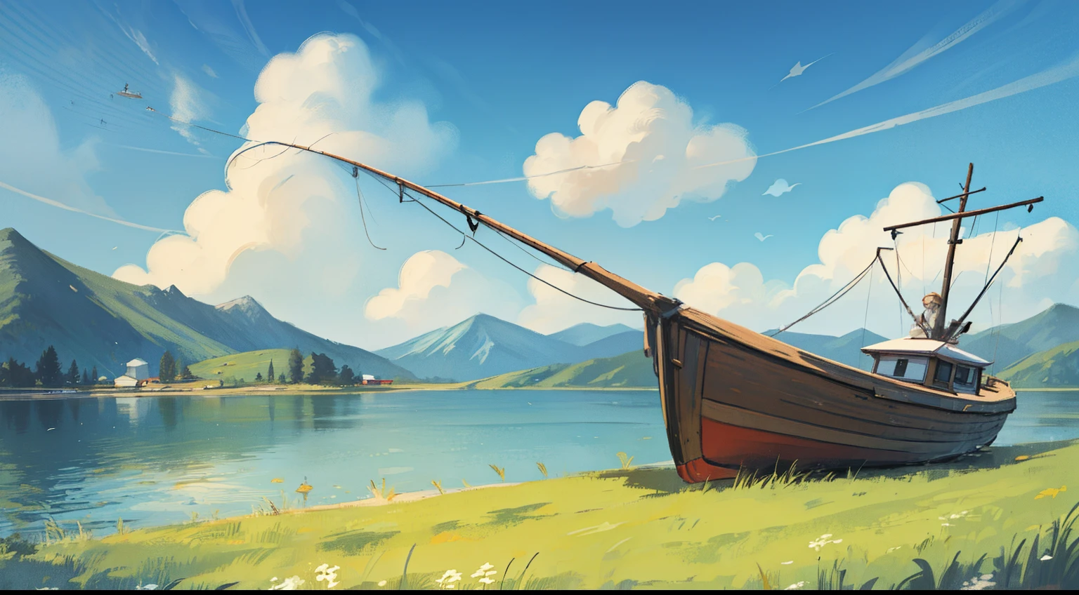 Shore,fishing boat,with blue sky and white clouds,grassy fields,at a forest,Far Mountain。
