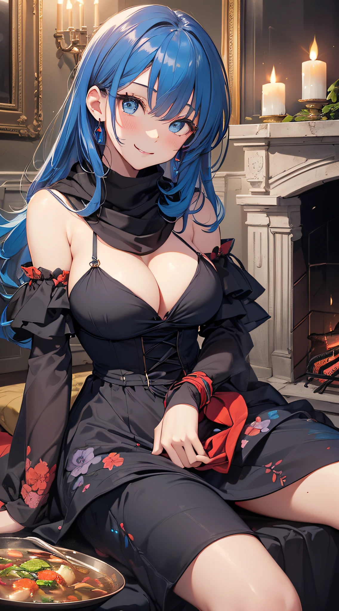 top-quality、Top image quality、masterpiece、girl with((、teen ager、cute lit Bust、big bast,Beautiful blue eyes、Breasts wide open, blue hair and red hair、Longhaire、A slender,Large valleys、,Black floral dress、A smile、blue scarf、Black wristband)),hiquality、Beautiful Art、Background with((dark wide space、fireplace、Hot soup、chandelle)))、,masutepiece、depth of fields,Cinematic style