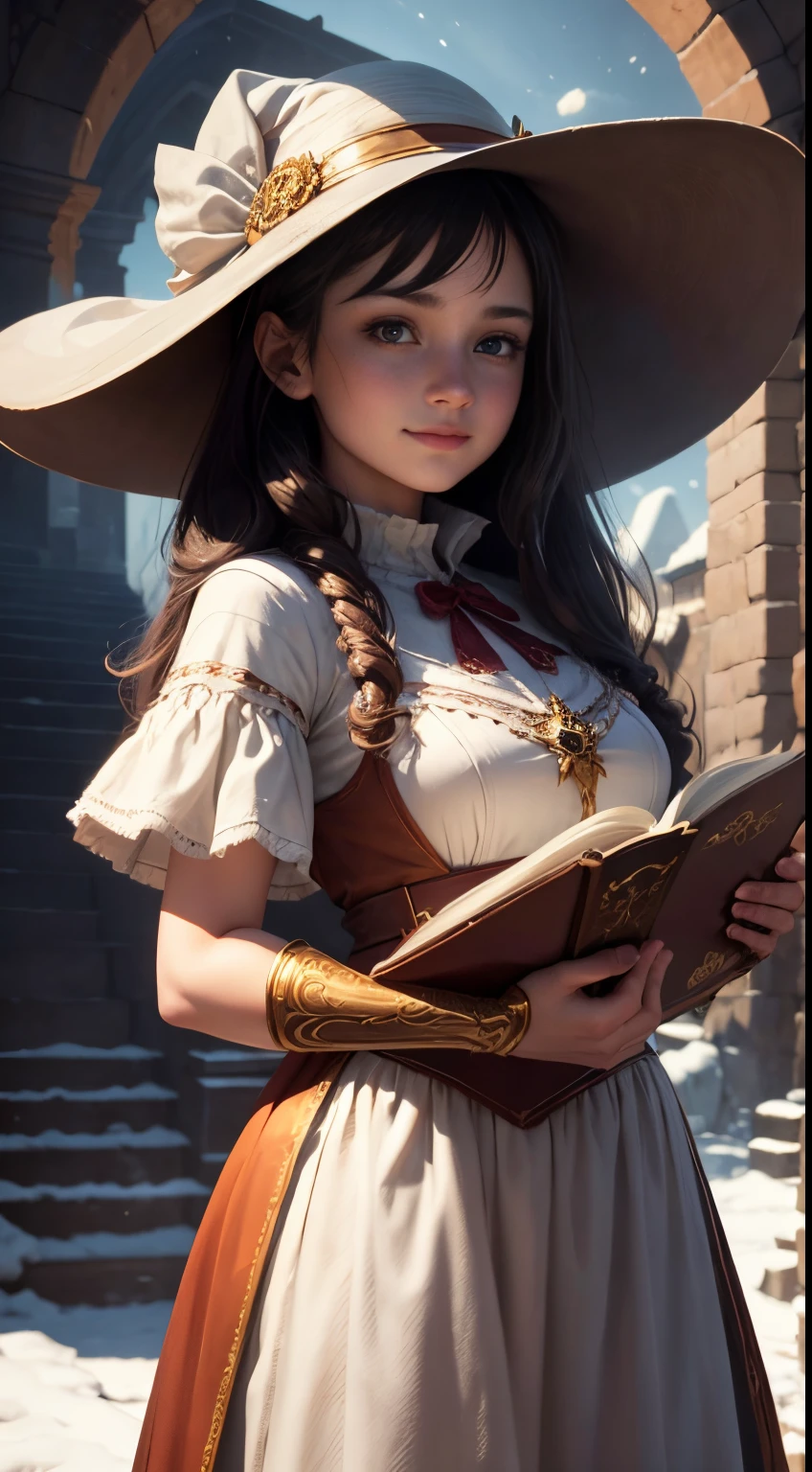Beautiful Young Witch, The girl smiles sweetly, A girl stands on the river bank, His face is illuminated by the bright rays of the sun, The girl is dressed in a snow-white dress, witch's hat on the head, The perfect female face of the goddess, Деталь 8k, photo realistic style, sharp-focus, Professional lighting, colorful details, The painting is built according to the rule of the golden ratio, full-arm-gloves, Girl reading a huge ancient book