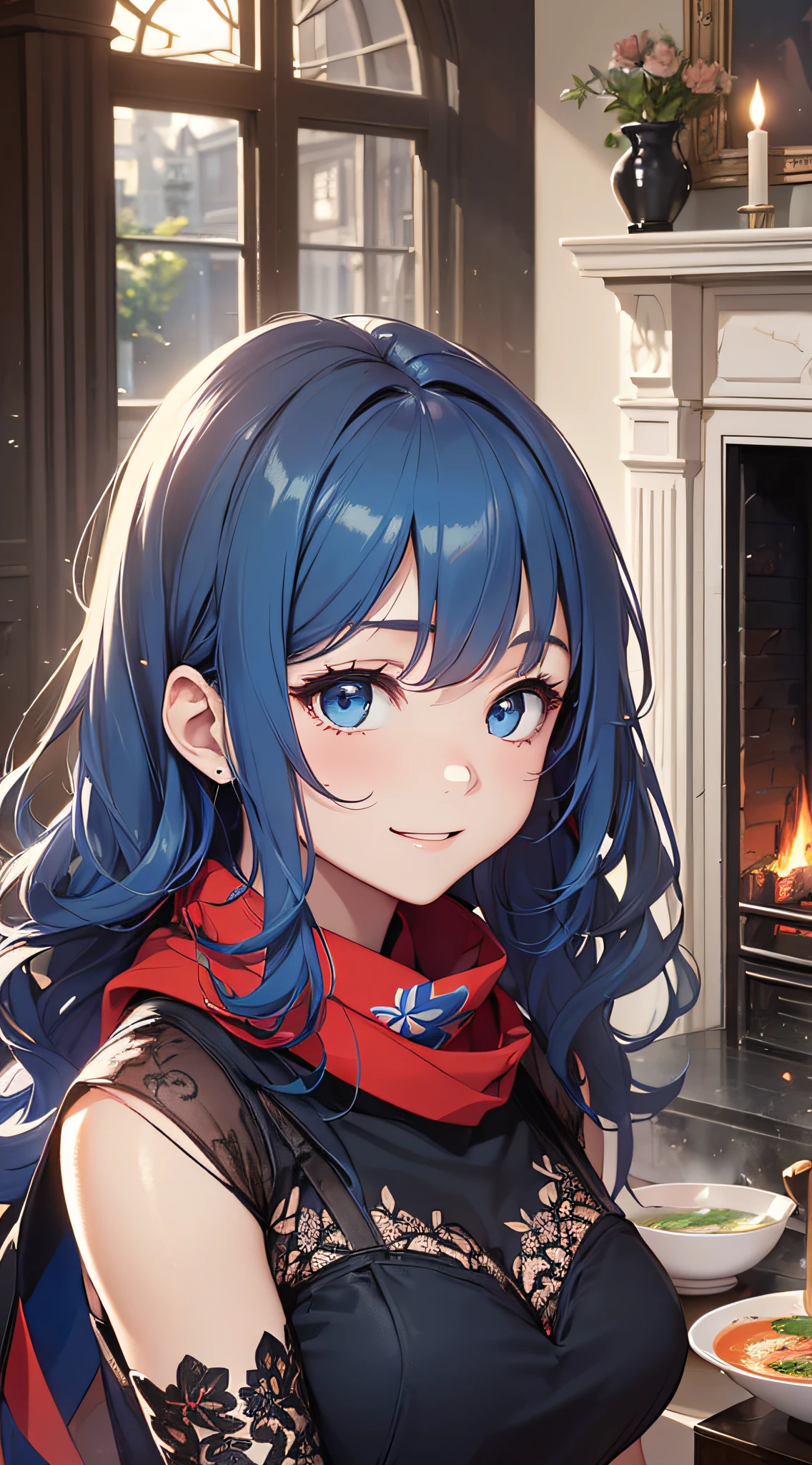 top-quality、Top image quality、masterpiece、girl with((sixteen years old、teen ager、cute little、Best Bust、big bast,Beautiful blue eyes、Breasts wide open, blue hair and red hair、Longhaire、A slender,Large valleys、,Black floral dress、A smile、blue scarf、Black wristband)),hiquality、Beautiful Art、Background with((dark wide space、fireplace、Hot soup、chandelle)))、,masutepiece、depth of fields,Cinematic style