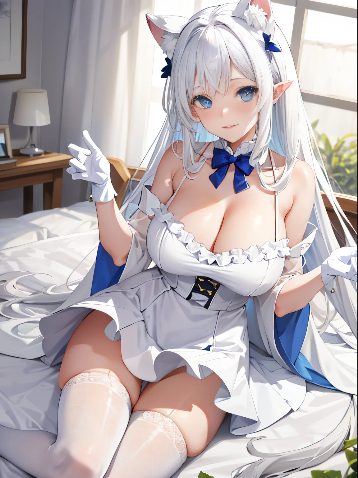 lazy wind，Big blue eyes，White hair，Hair is dull，Beast-eared maiden，White tones，sitted，1个Giant Breast Girl，Alone，cute big breasts，white dresses，Big hazy eyes，The details of the face are exquisite，Bess，bedridden，Impeccably clean，Cute pose，Plush cat's paw gloves，Shy laugh，Reddish skin tone，White stockings，White tail