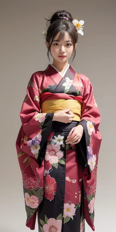 (masutepiece, Best Quality:1.4), Beautiful face, 8K, 85 mm, absurderes, ((FULL BODYSHOT:1.3))、((Dark bedroom in the hotel))、(Floral pattern long-sleeved kimono:1.4), cowboy shot、violaceaess, gardeniass, Delicate girl, Solo, Long bob hair、Night, Looking at Viewer, Upper body, Film grain, chromatic abberation, Sharp Focus, face lights, Professional Lighting, Sophisticated, (Smile:0.4), (Simple background, Bokeh background:1.2), Detail Face
