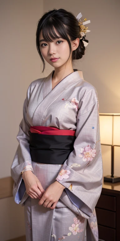 (masutepiece, Best Quality:1.4), Beautiful face, 8K, 85 mm, absurderes, ((FULL BODYSHOT:1.3))、((Dark bedroom in the hotel))、(Floral pattern long-sleeved kimono:1.4), cowboy shot、violaceaess, gardeniass, Delicate girl, Solo, Long bob hair、Night, Looking at Viewer, Upper body, Film grain, chromatic abberation, Sharp Focus, face lights, Professional Lighting, Sophisticated, (Smile:0.4), (Simple background, Bokeh background:1.2), Detail Face