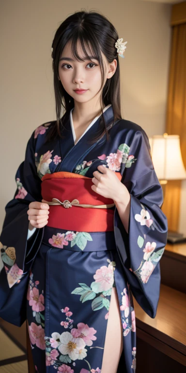 (masutepiece, Best Quality:1.4), Beautiful face, 8K, 85 mm, absurderes, ((FULL BODYSHOT:1.3))、((Dark bedroom in the hotel))、(Floral pattern long-sleeved kimono:1.4), cowboy shot、violaceaess, gardeniass, Delicate girl, Solo, Long bob hair、Night, Looking at Viewer, Upper body, Film grain, chromatic abberation, Sharp Focus, face lights, Professional Lighting, Sophisticated, (Smile:0.4), (Simple background, Bokeh background:1.2), Detail Face