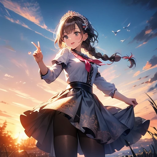 ((masterpiece,best quality)), highres, extremely detailed 8K wallpaper, cheerful, princess clothes, glamor, tights, fascinator, braid, , from front,