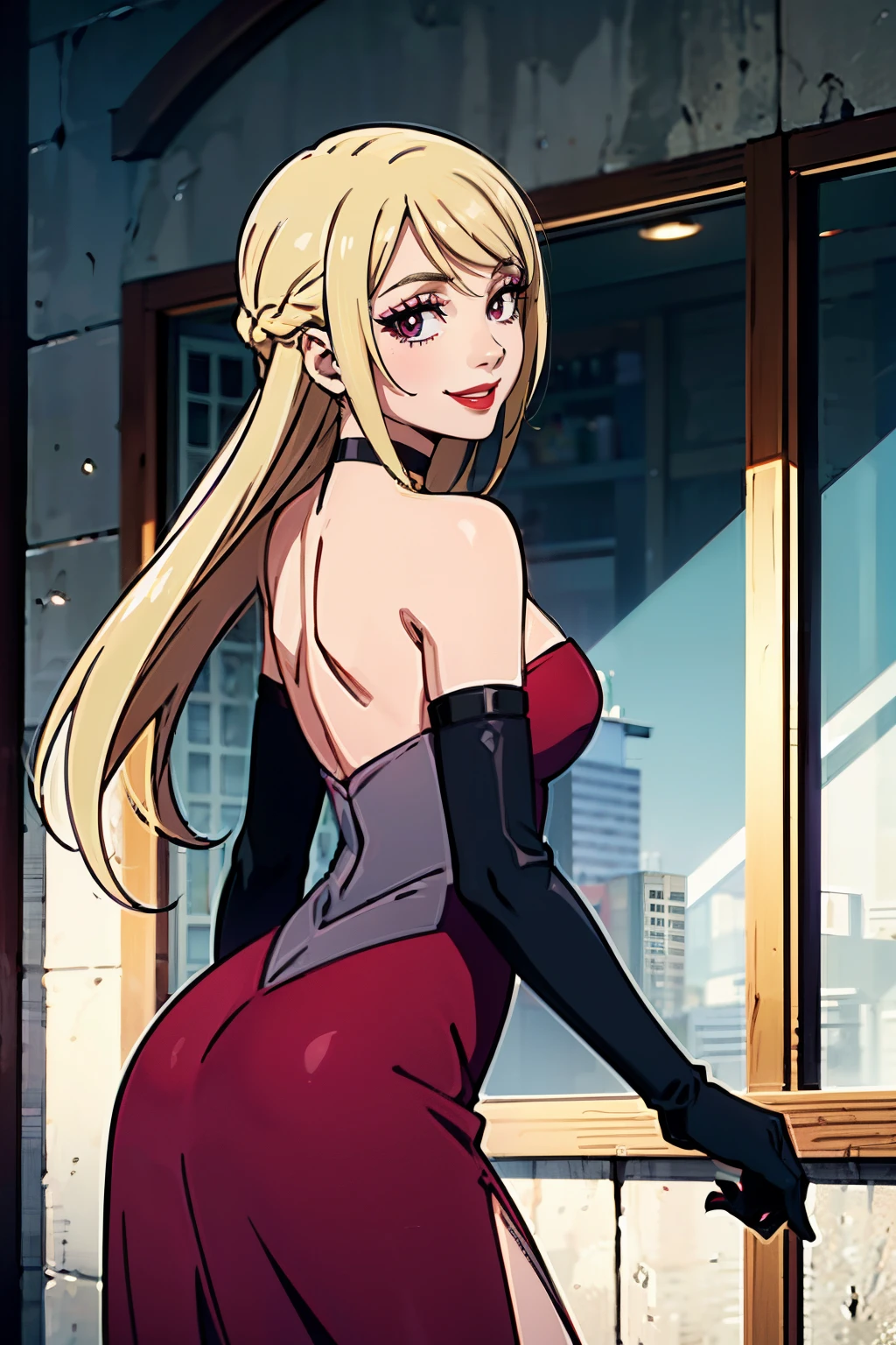 Lucy_Heartfilia, red dress, long dress, strapless dress, backless dress, long white elbow gloves, smile, light red lipstick, dark purple eye shadow, makeup, black choker, cowboy shot, long hair, brown eyes, blonde hair