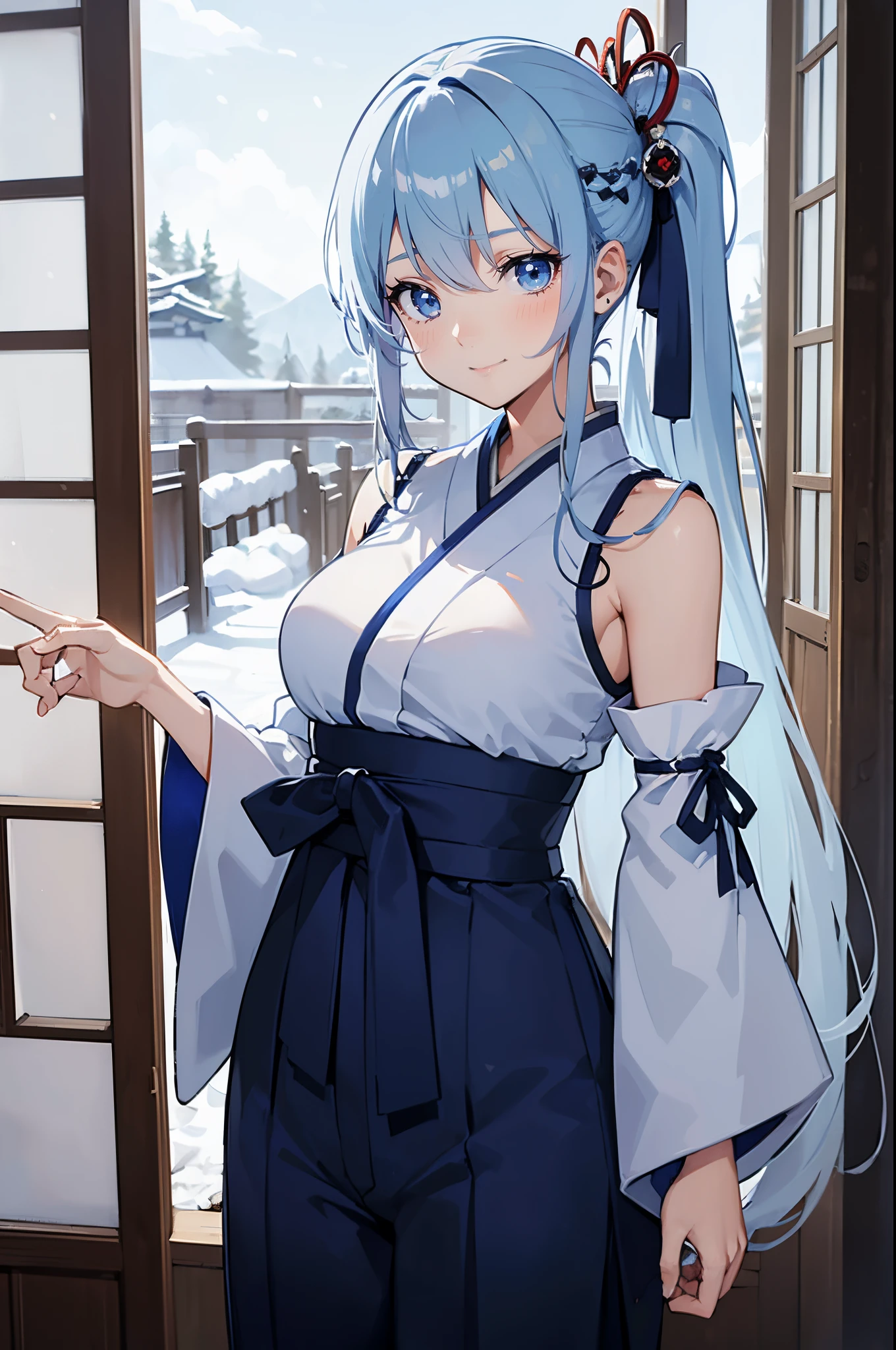 Safe for work, masterpiece, best quality, solo, 1 girl, wholesome girl,  (young female body:1.4), ( medium breasts), cowboy shot,  light blue hair, long light blue straight hair, almost white hair, extra long hair, blue eyes, piercing blue eyes, expressionless, suprised, outdoors, snowing fantasy, japanese town, snow, japanese tradiotional hakama, blue hakama pants, detached  sleeves, kanzashi, blue hair ornament, elegant woman, shy smile, flustred, dark blue  hakama pants, elegant, hair half tied up, disheveled hair