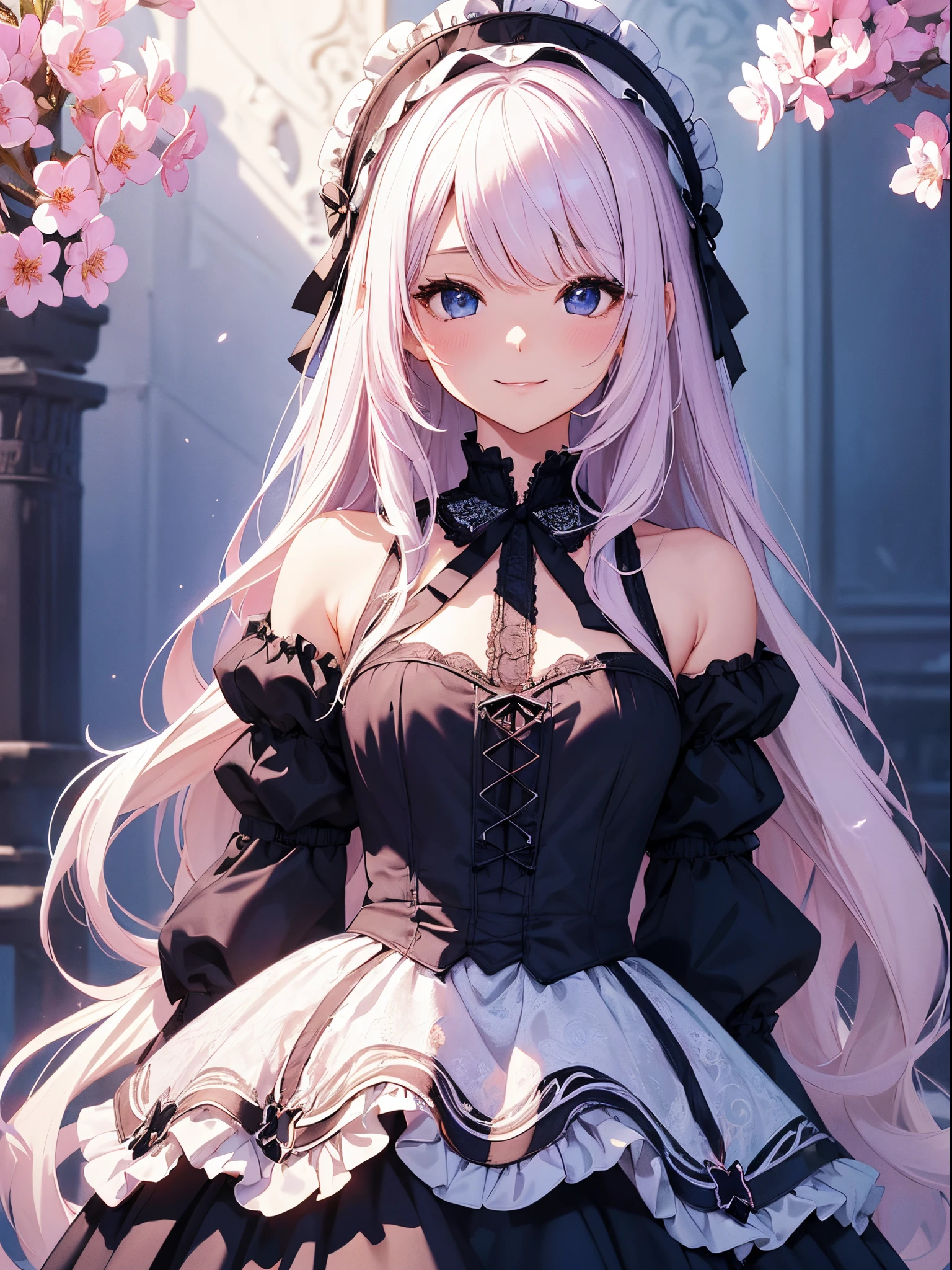 (​masterpiece、top-quality、top-quality、Official art、Beautifully Aesthetic:1.2)、(1womanl)、ighly detailed、(Fractal Art:1.4)、highestdetailed、long wavy white hair、Blue eyes、rounded drooping eyes、very small chest 、Flat, Poor chest、Mature beautiful woman、The background is purple, Pink, and blue lace pattern....、The background is a heart design、Lolita fashion based on black, white and pink、Ruffled headdress、Cute smile、Outstanding smile