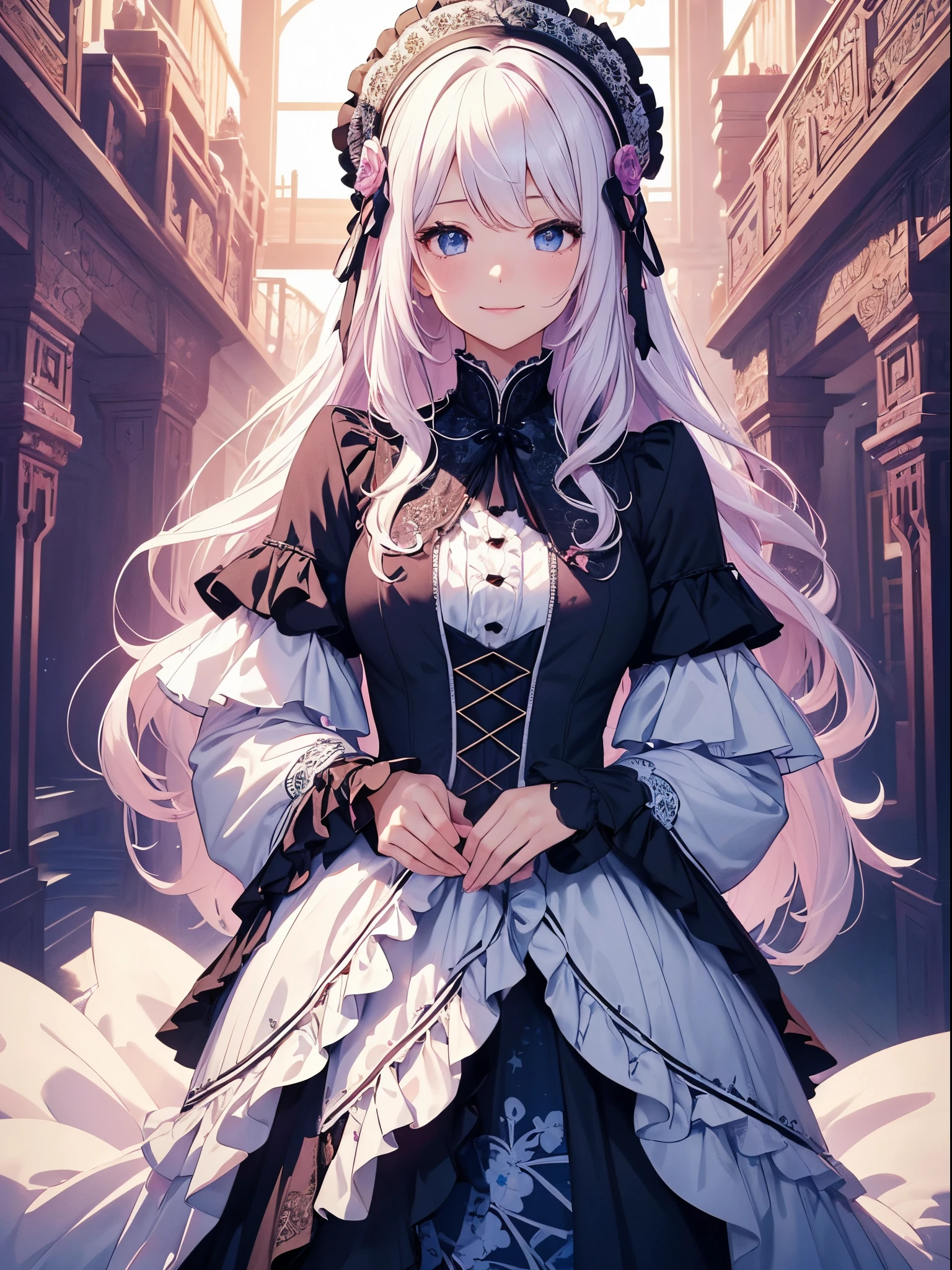 (masterpiece、top-quality、top-quality、Official art、Beautifully Aesthetic:1.2)、(1womanl)、ighly detailed、(Fractal Art:1.4)、highestdetailed、long wavy white hair、Blue eyes、rounded drooping eyes、very small chest 、Flat, Poor chest、Mature beautiful woman、The background is purple, Pink, and blue lace pattern....、The background is a heart design、Lolita fashion based on black, white and pink、Ruffled headdress、Cute smile、Outstanding smile