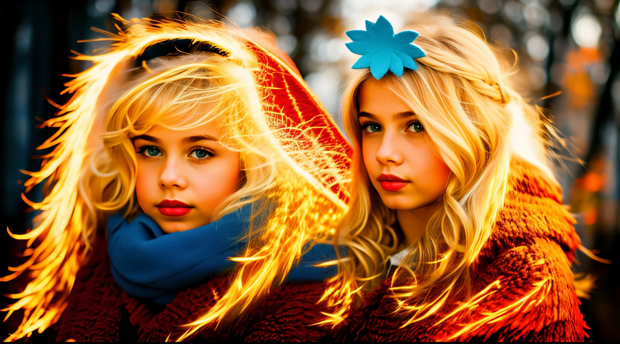 HALO EM FOGO, CHILD GIRL BLONDE LONG HAIR, fundo vermelho,