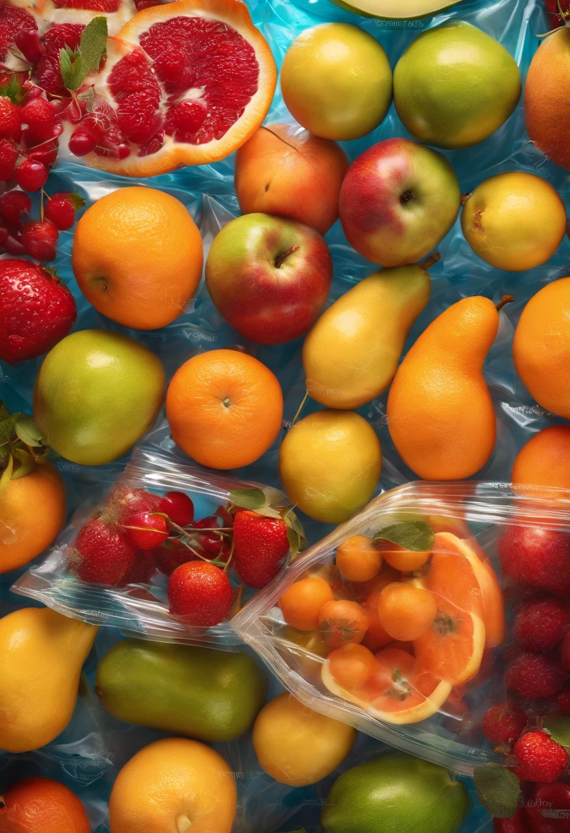 A high-resolution image of a transparent plastic bag filled with vibrant, colorful fruits, with the light shining through the bag and creating a visually fresh and enticing scene.