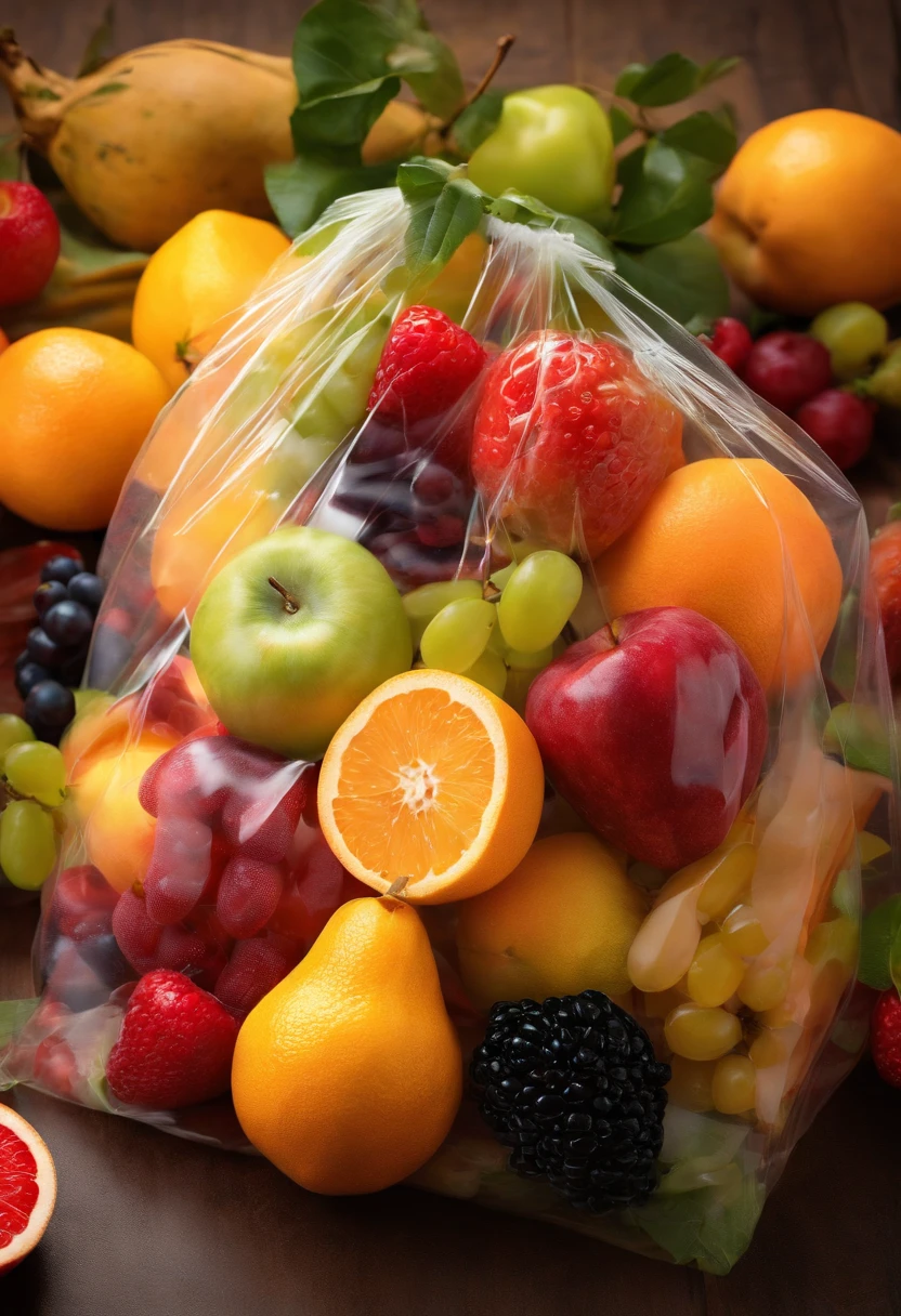 A high-resolution image of a transparent plastic bag filled with vibrant, colorful fruits, with the light shining through the bag and creating a visually fresh and enticing scene.