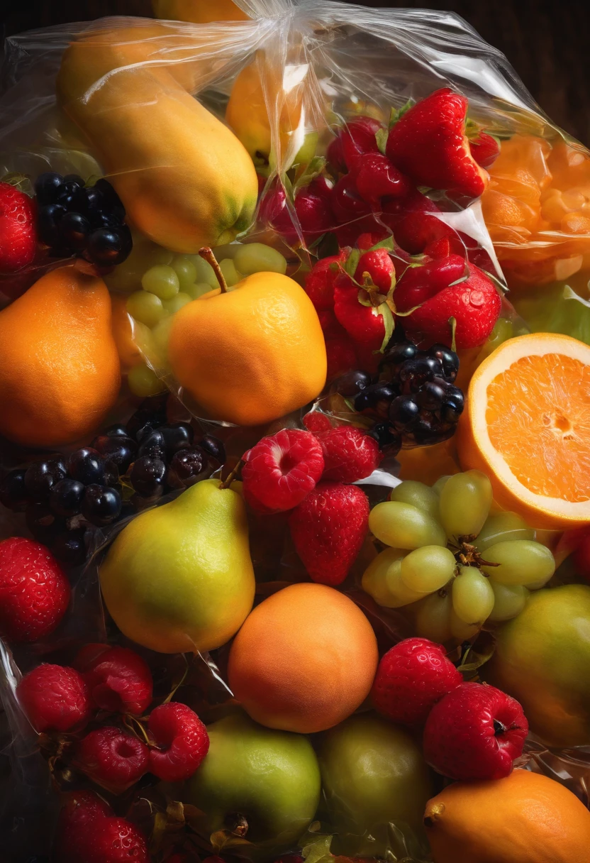 A high-resolution image of a transparent plastic bag filled with vibrant, colorful fruits, with the light shining through the bag and creating a visually fresh and enticing scene.