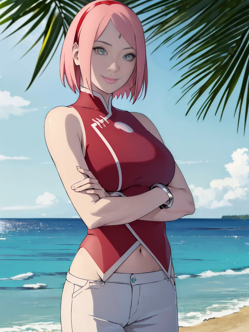 masterpiece, 1k, portrait, face shot, professional artwork, detailed beach background, intricate details, colorful, digital blending, (ultra detailed body, ultra detail hair, ultra detail face), trending on pixiv, kind smile, very hot color, best quality, anime style: 1.9, 1girl, hires, haruno sakura, contrasty lighting, (forehead mark, milf, red hairband, pale skin, short hair, ((red sleeveless dress), white pants), navel, groin, bracelet, looking at viewer, crossed arms, pink hair, green eyes, smile, beach, wind, floating hair, detailed arms, off-shoulders, slightly muscular arms, standing), sunnyday
