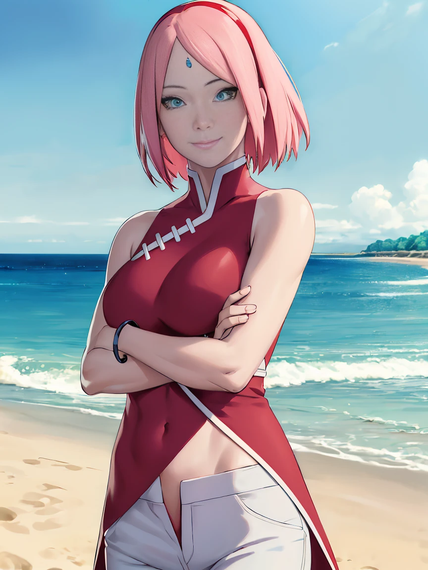 masterpiece, 1k, portrait, face shot, professional artwork, detailed beach background, intricate details, colorful, digital blending, (ultra detailed body, ultra detail hair, ultra detail face), trending on pixiv, kind smile, very hot color, best quality, anime style: 1.9, 1girl, hires, haruno sakura, contrasty lighting, (forehead mark, milf, red hairband, pale skin, short hair, ((red sleeveless dress), white pants), navel, groin, bracelet, looking at viewer, crossed arms, pink hair, green eyes, smile, beach, wind, floating hair, detailed arms, off-shoulders, slightly muscular arms, standing), sunnyday
