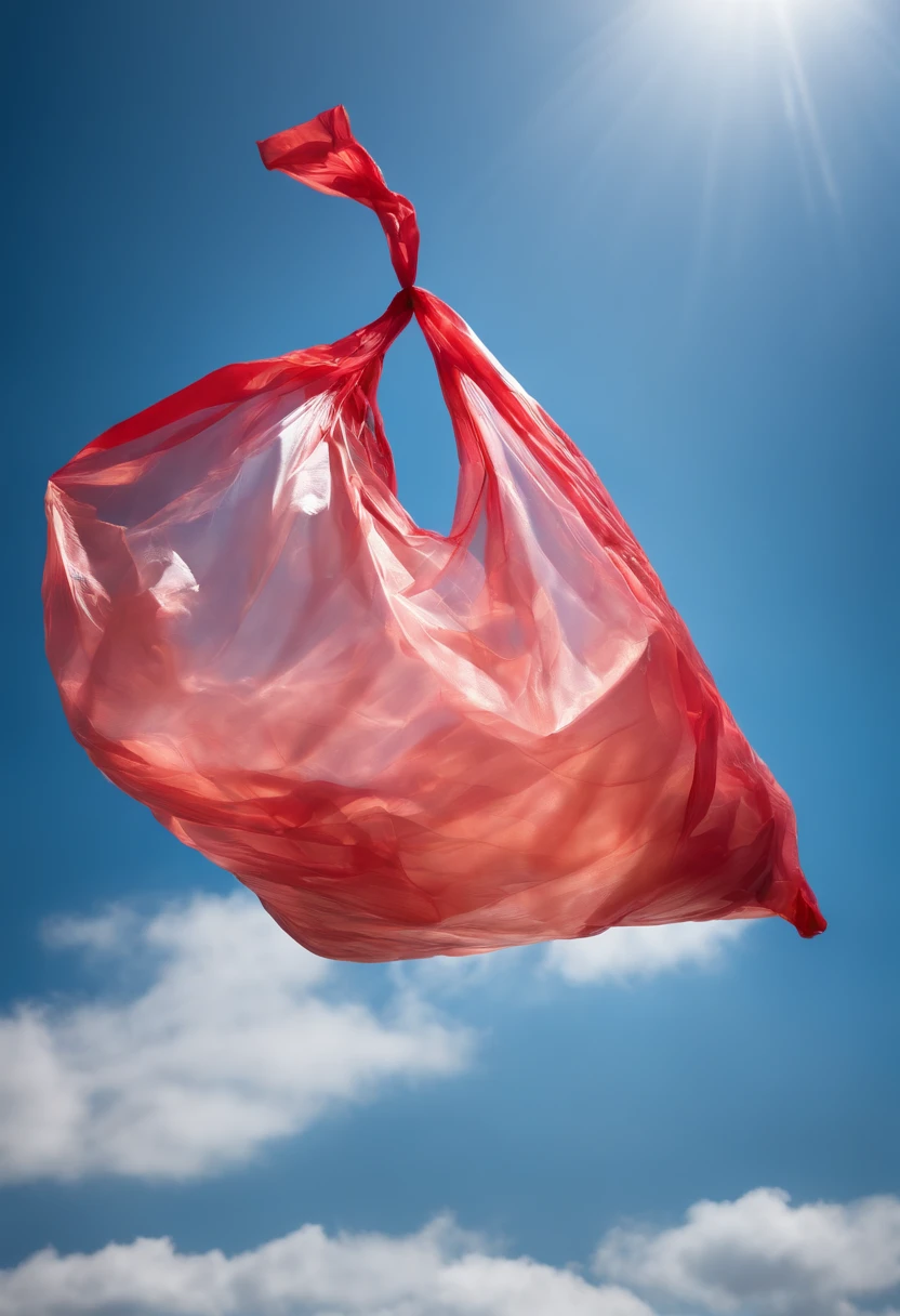 A visually stunning composition of a plastic bag floating in the wind against a clear blue sky, with the bag billowing and creating a visually dynamic and captivating image.