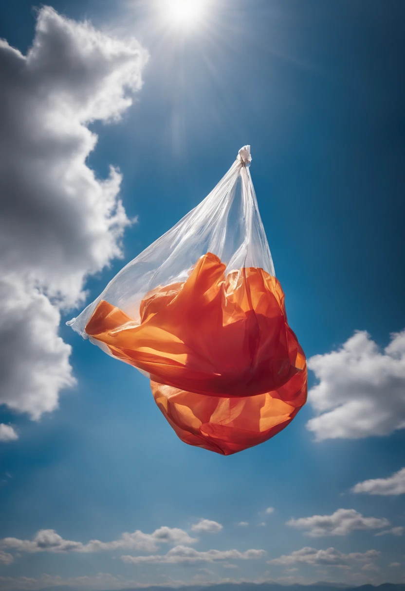A visually stunning composition of a plastic bag floating in the wind against a clear blue sky, with the bag billowing and creating a visually dynamic and captivating image.