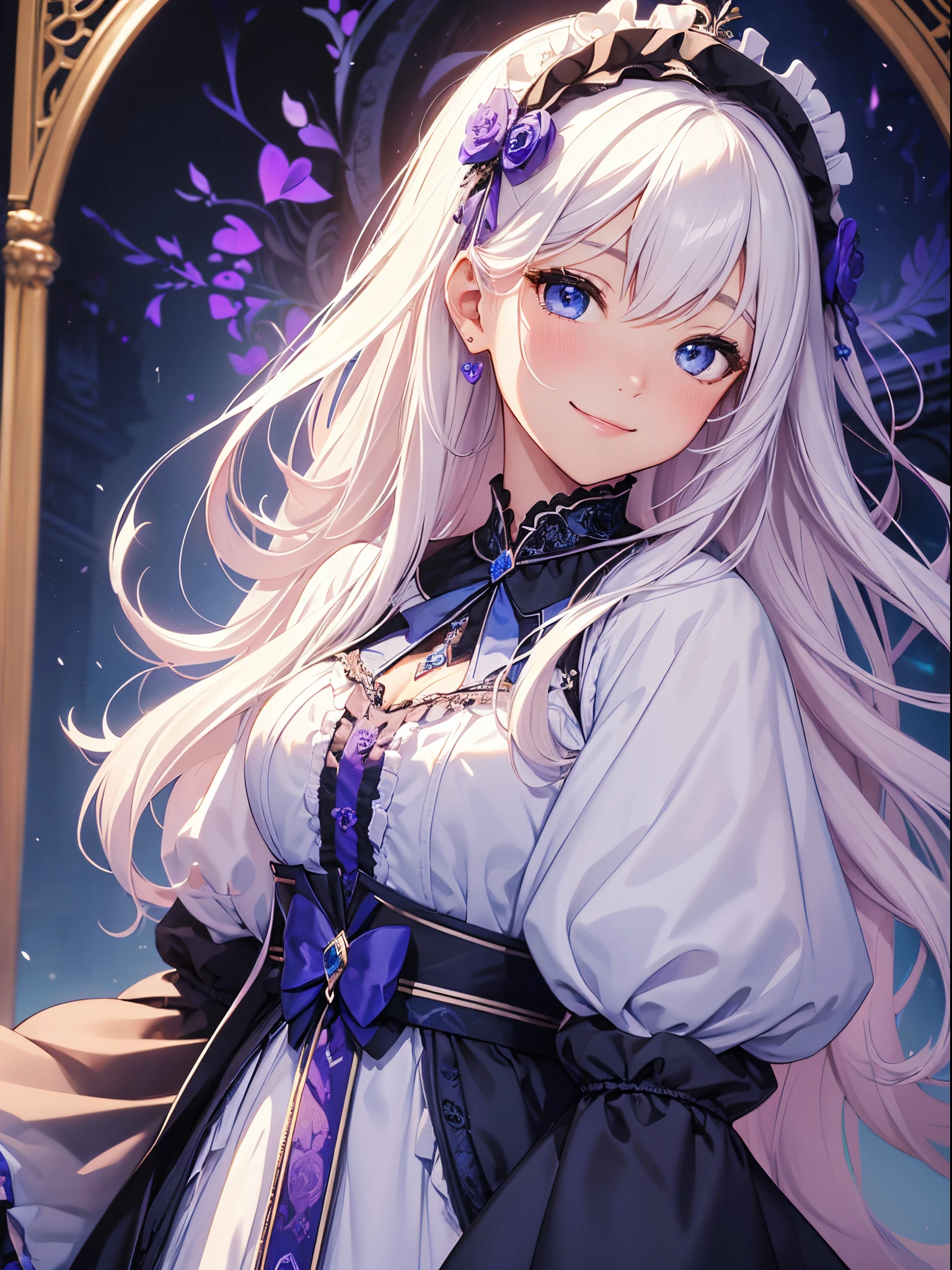 (masterpiece、top-quality、top-quality、Official art、Beautifully Aesthetic:1.2)、(1womanl)、ighly detailed、(Fractal Art:1.4)、highestdetailed、long wavy white hair、Blue eyes、rounded drooping eyes、very small chest 、Flat, Poor chest、Mature beautiful woman、The background is purple, Pink, and blue lace pattern....、The background is a heart design、ta fashion based on black、Ruffled headdress、Cute smile、Outstanding smile