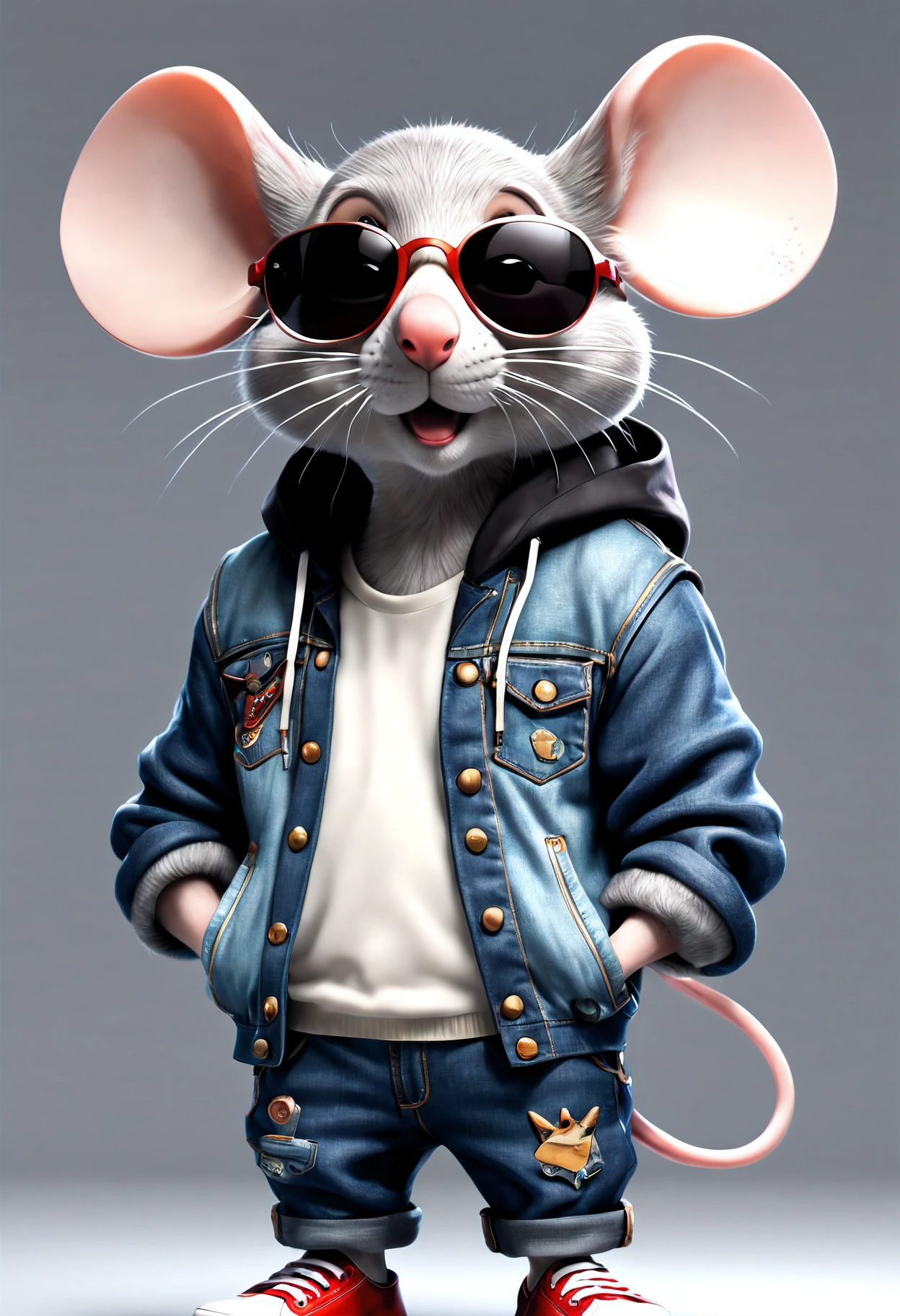 (top-quality,8K,32K,masterpiece,UHD:1.3),ultra high res,(Photorealsitic:1.4)),intricate details, Craft a perfect 3D animation style image featuring a stylish mouse. Picture the mouse wearing a tank top, jacket hoodie, denim pants, cool sunglasses, and footwear. Capture the attitude of this stylish character, with its hands casually tucked inside pant pockets. Encourage artists to bring the perfect blend of style and animation to life in a visually striking composition that showcases the character's cool and fashionable persona.