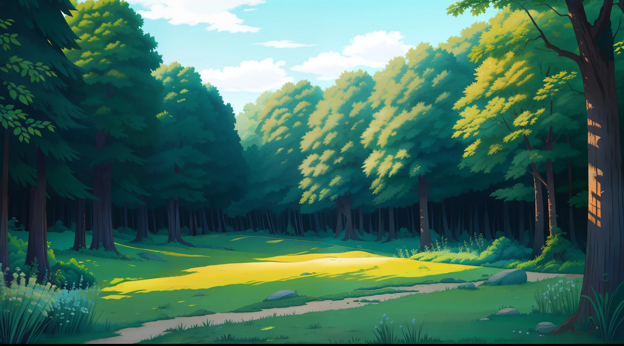 Natural landscape painting style, verdant woods, green meadows, gentle clouds, blue sky,