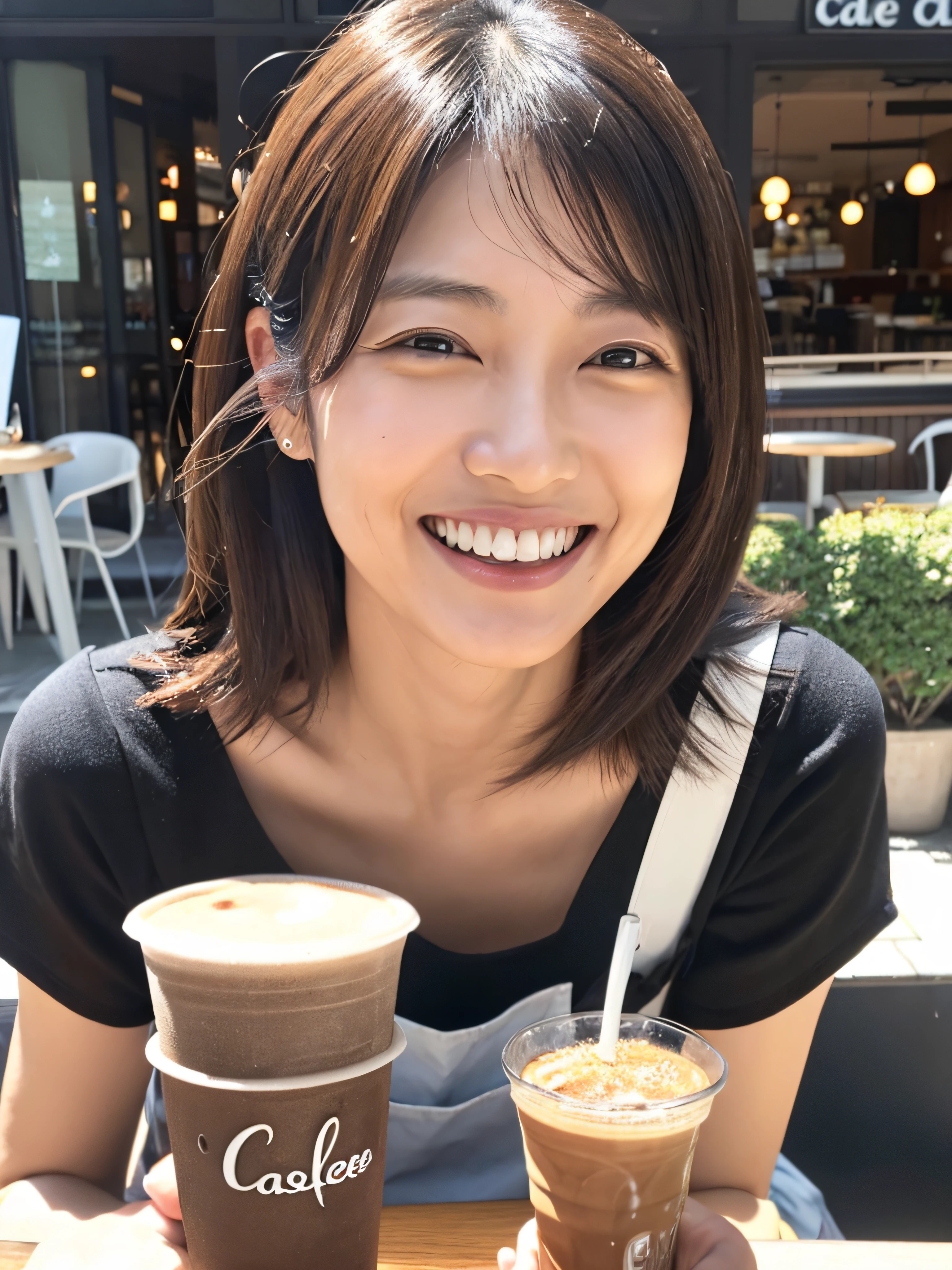 A Japanese milf, photo of one lady, Slender figure, Realistic teeth, double eyelids, smile, full-length, at the cafe