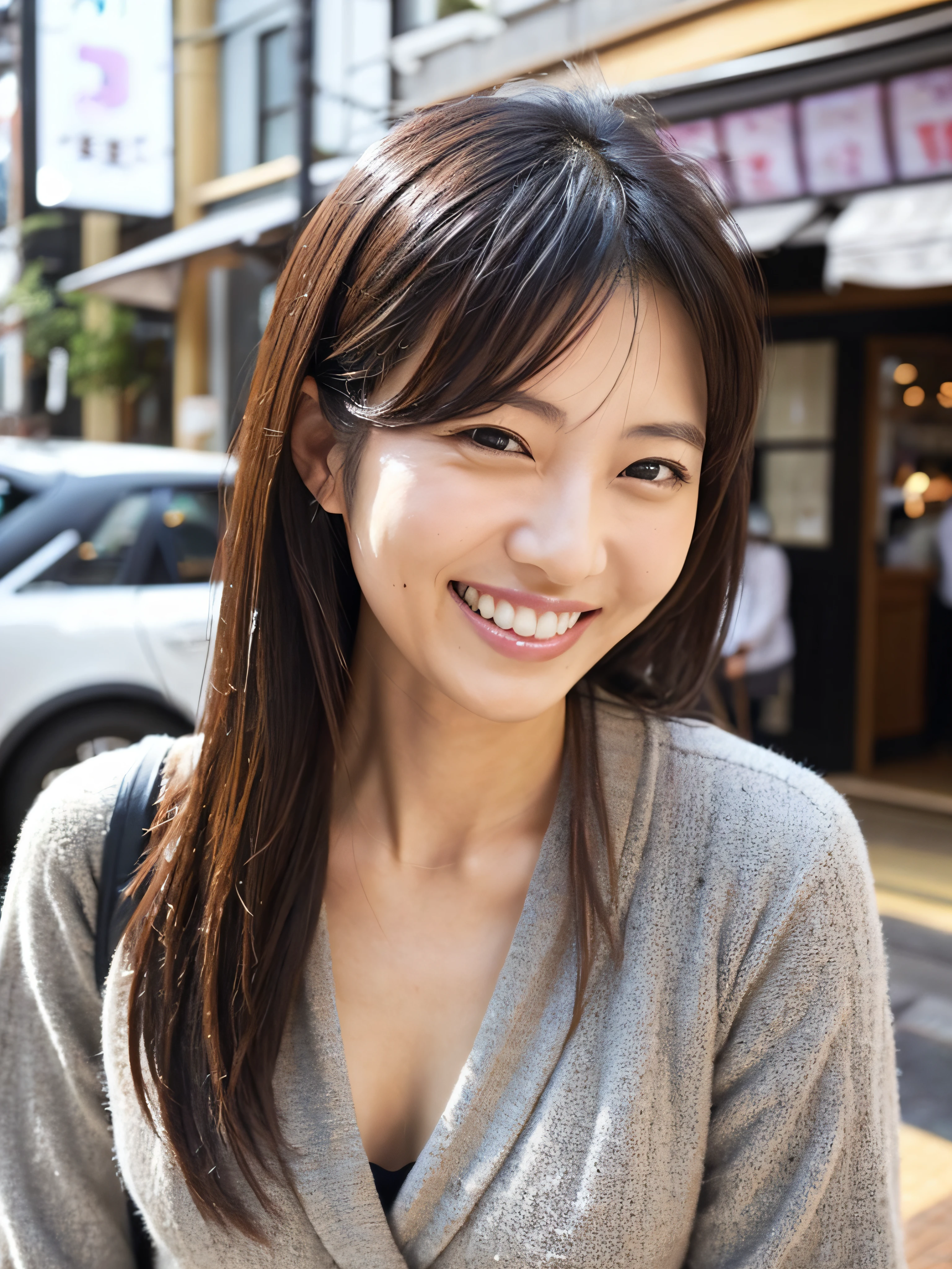 A Japanese milf, photo of one lady, Slender figure, Realistic teeth, double eyelids, smile, full-length, at the cafe