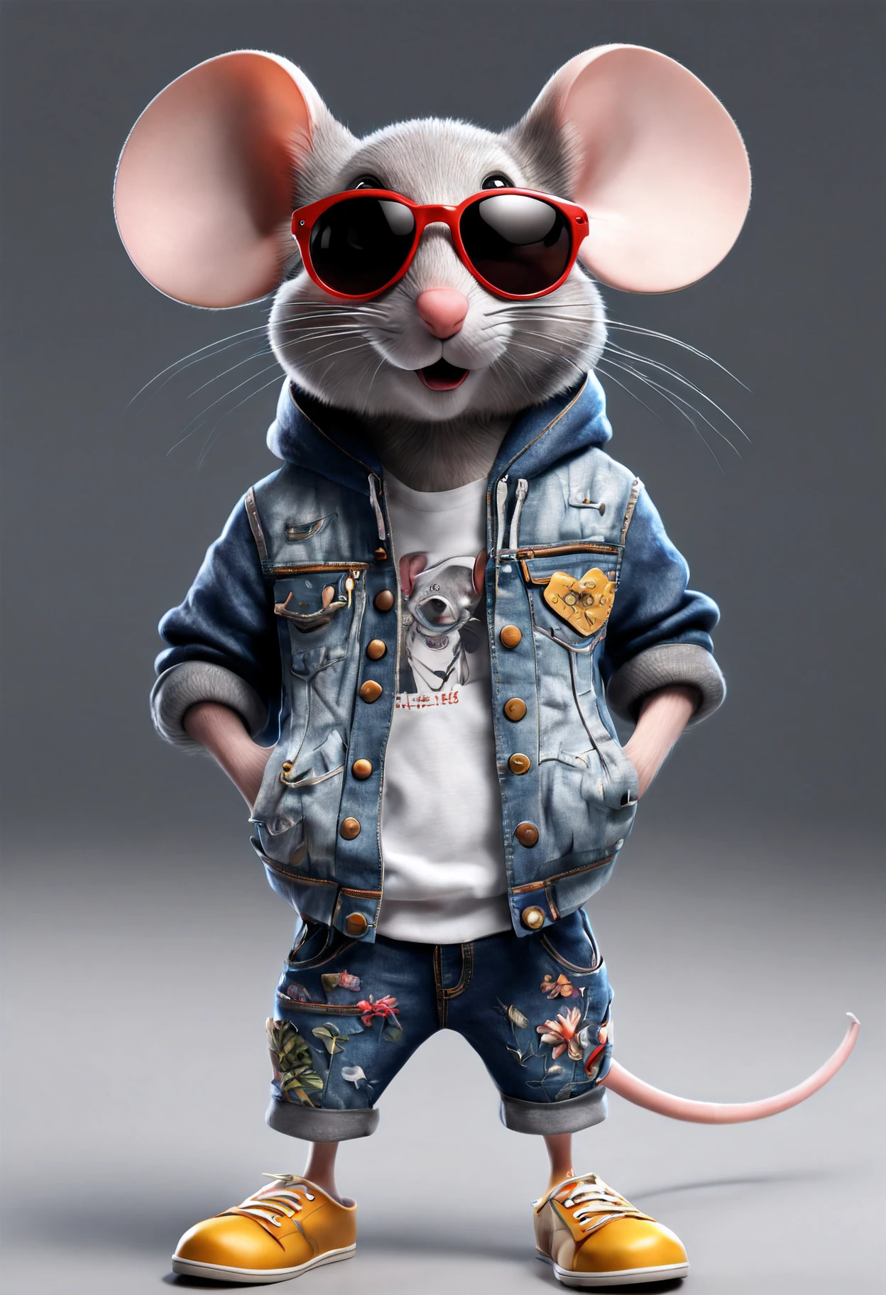 (top-quality,8K,32K,masterpiece,UHD:1.3),ultra high res,(Photorealsitic:1.4)),intricate details, Craft a perfect 3D animation style image featuring a stylish mouse. Picture the mouse wearing a tank top, jacket hoodie, denim pants, cool sunglasses, and footwear. Capture the attitude of this stylish character, with its hands casually tucked inside pant pockets. Encourage artists to bring the perfect blend of style and animation to life in a visually striking composition that showcases the character's cool and fashionable persona.