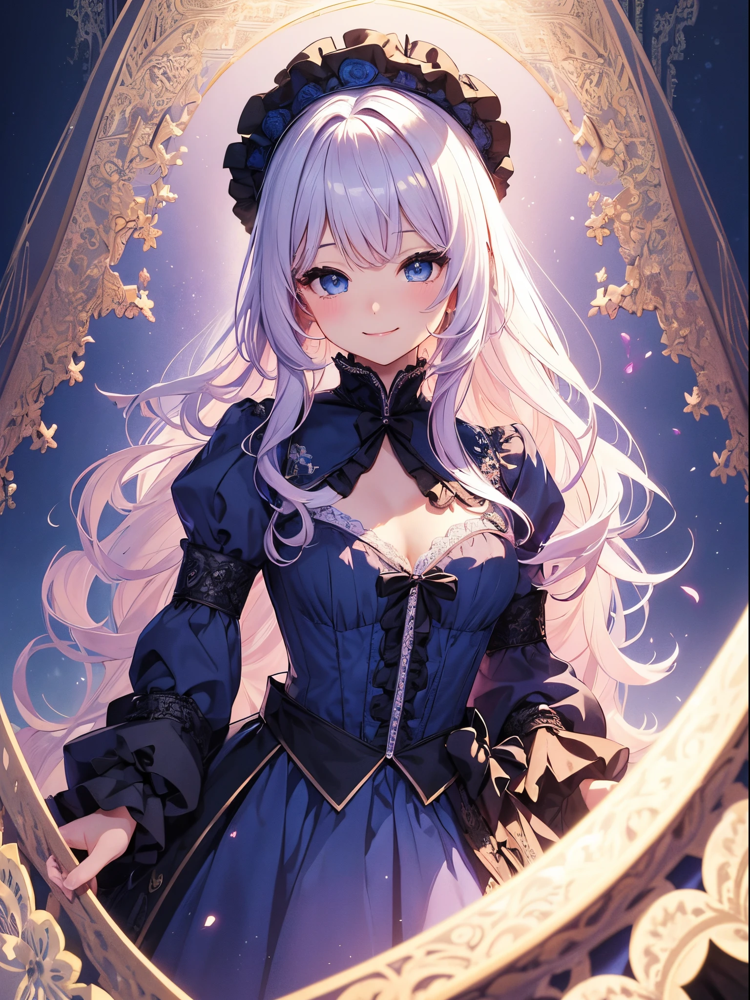 (masterpiece、top-quality、top-quality、Official art、Beautifully Aesthetic:1.2)、(1womanl)、ighly detailed、(Fractal Art:1.4)、highestdetailed、long wavy white hair、Blue eyes、rounded drooping eyes、very small chest 、Flat, Poor chest、Mature beautiful woman、The background is purple, Pink, and blue lace pattern....、The background is a heart design、ta fashion based on black、Ruffled headdress、Cute smile、Outstanding smile
