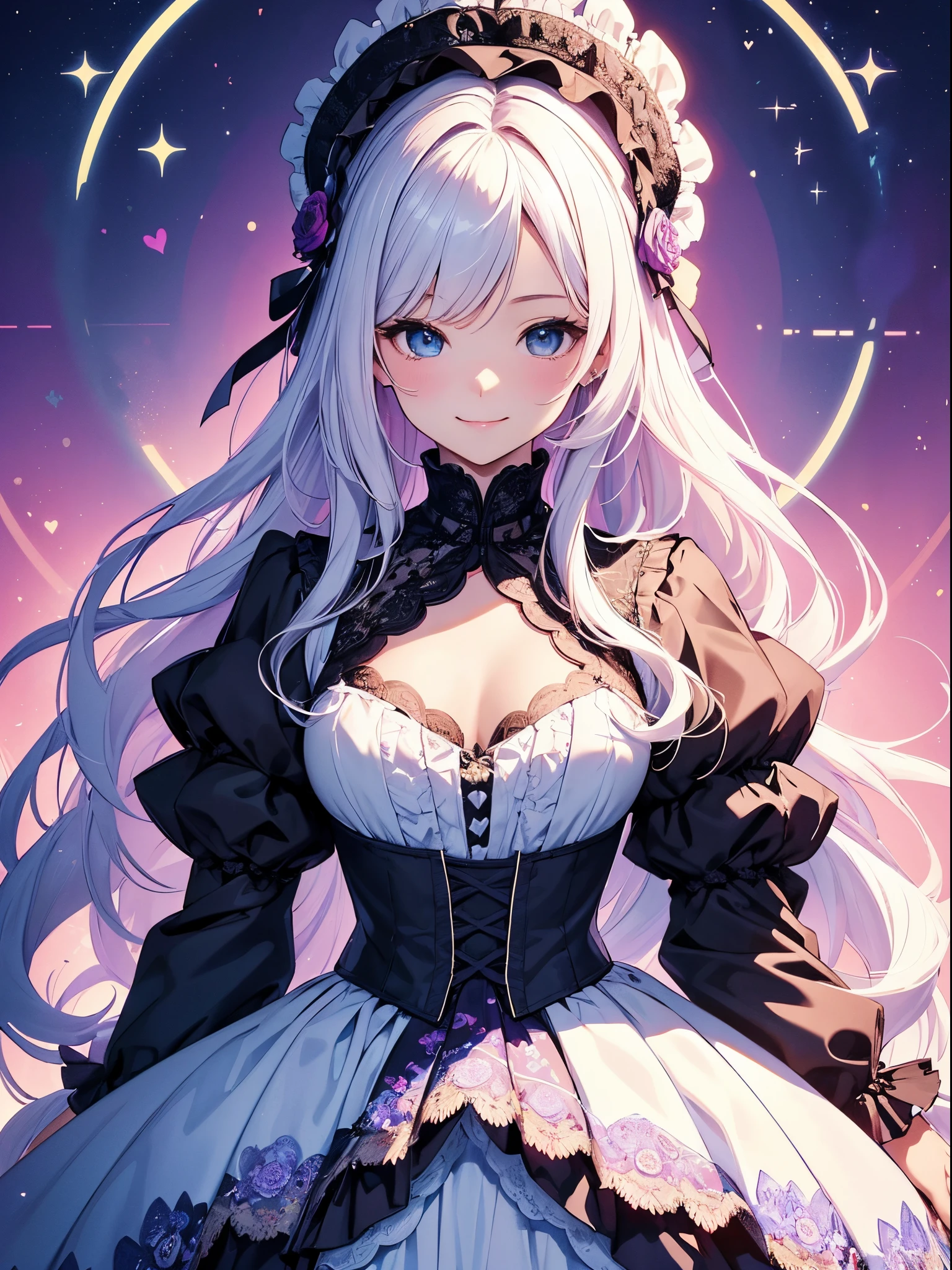 (​masterpiece、top-quality、top-quality、Official art、Beautifully Aesthetic:1.2)、(1womanl)、ighly detailed、(Fractal Art:1.4)、highestdetailed、long wavy white hair、Blue eyes、rounded drooping eyes、very small chest 、Flat, Poor chest、Mature beautiful woman、The background is purple, Pink, and blue lace pattern....、The background is a heart design、Lolita fashion based on black、Ruffled headdress、Cute smile、Outstanding smile