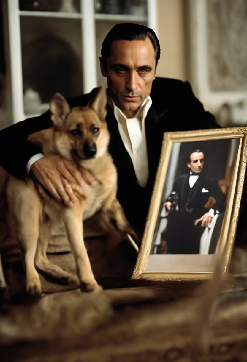 A photo of Fredo at an art studio, holding up a painting he just completed.,The Godfather series,Fredo Corleone, a character from “The Godfather” series, portrayed by John Cazale, has a less imposing presence compared to other members of the Corleone family. He often appears slightly disheveled, with a softer, less confident demeanor. Fredo’s style is somewhat conservative, typically dressed in suits that are less refined than those of his brothers, underscoring his secondary status in the family hierarchy.