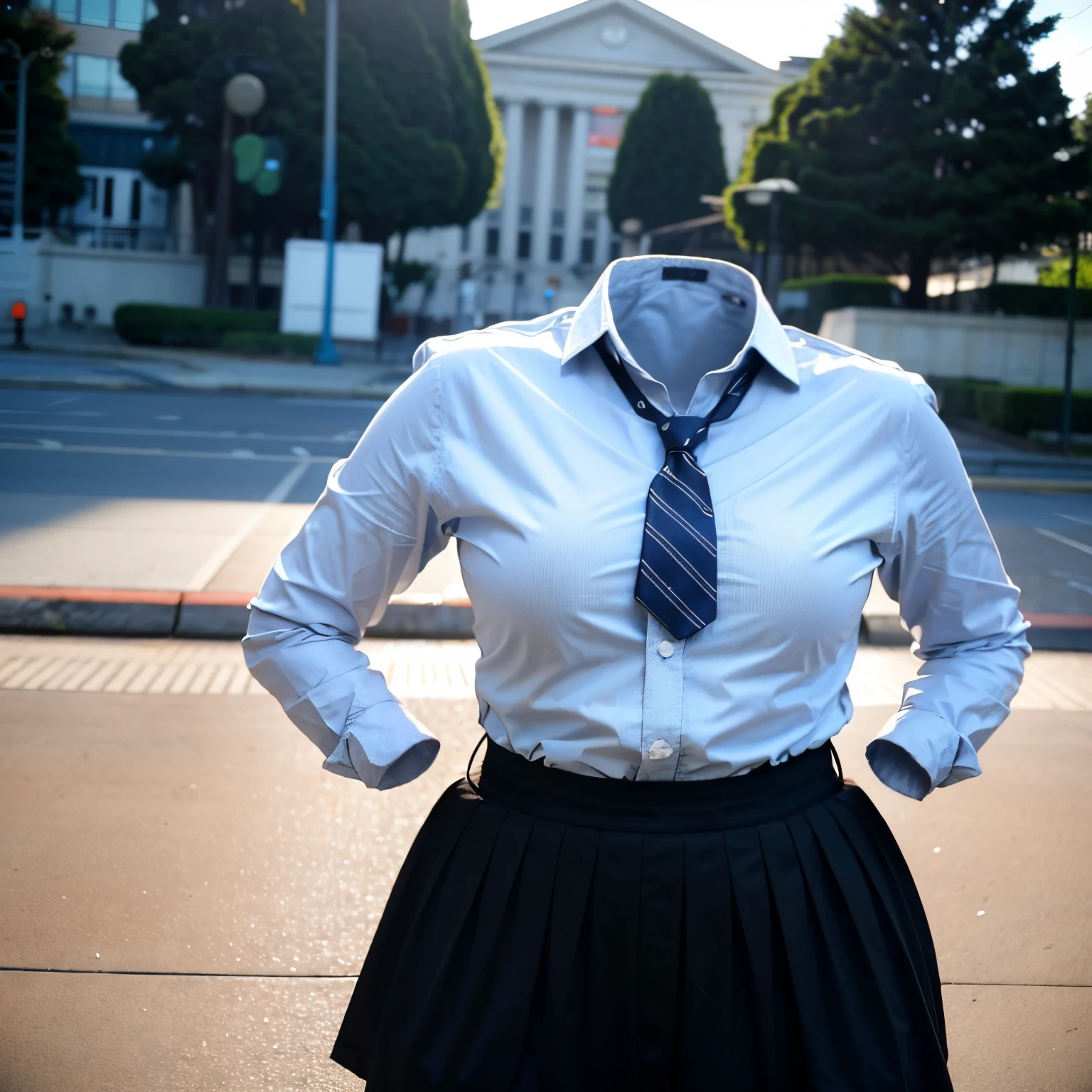 (chubby, fat), school uniform, school tie, school bag, in university, (cute pose), (invisible:1.5, no humans:1.5, headless:1.5, faceless:1.5), (cute big breasts), (close-up shot of hip:1.2), (8k, RAW photo, best quality, masterpiece:1.2), (realistic, photo-realistic:1.37), photon mapping, radiosity, ((Hasselblad photography)), physically-based rendering