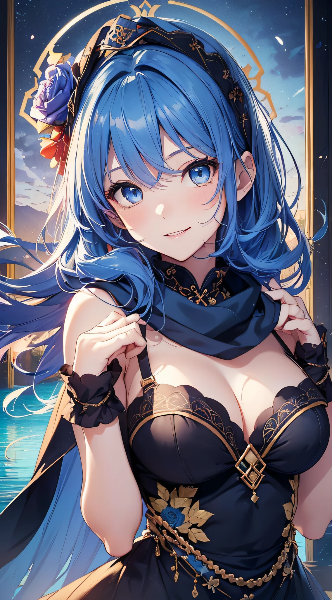 top-quality、Top image quality、masterpiece、girl with((、teen ager、cute lit Bust、big bast,Beautiful blue eyes、Breasts wide open, blue hair and red hair、Longhaire、A slender,Large valleys、,Black floral dress、A smile、blue scarf、Black wristband、dance)),hiquality、Beautiful Art、Background with((Lake at night、Beautiful lake、a color)))、,masutepiece、depth of fields,Cinematic style