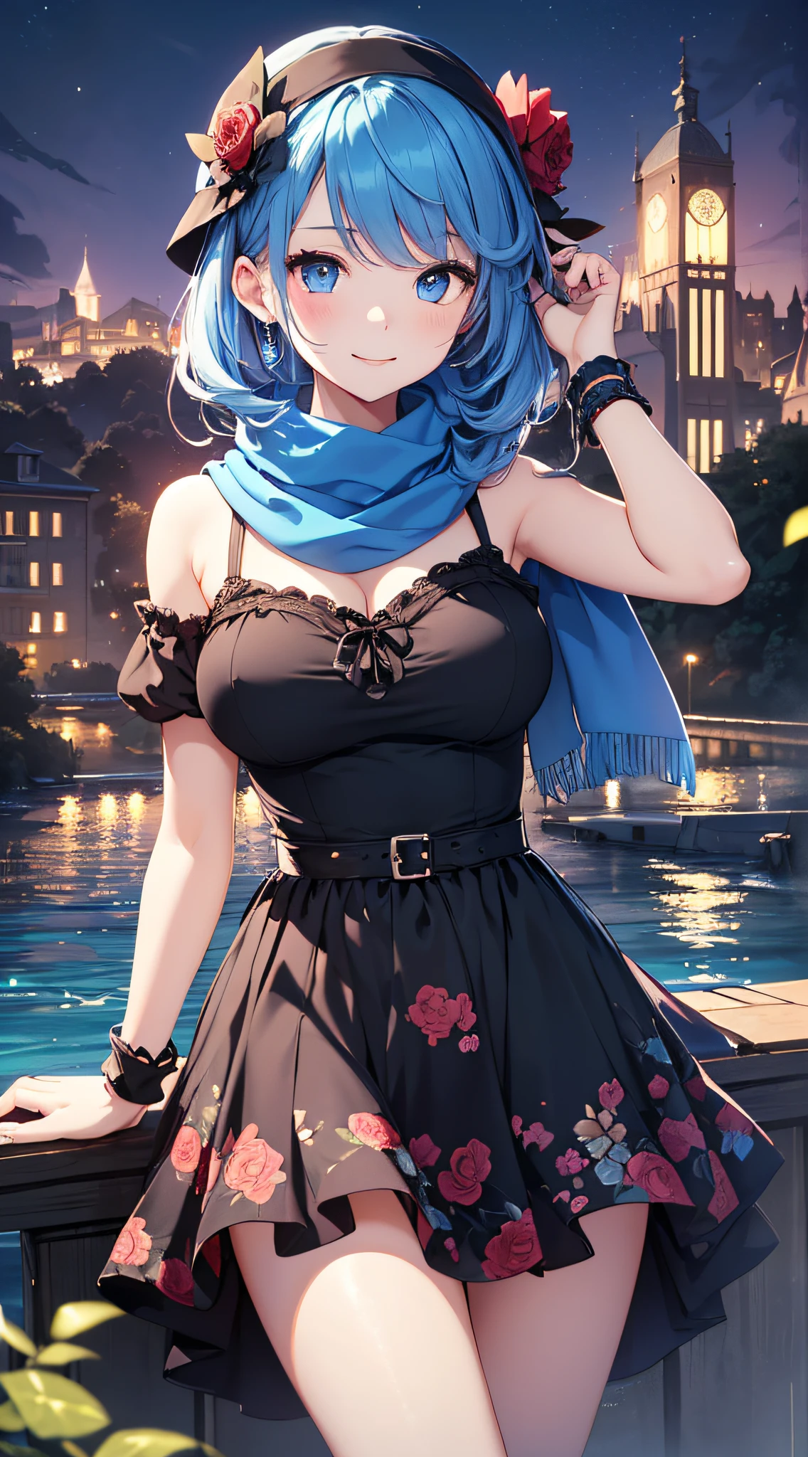top-quality、Top image quality、​masterpiece、girl with((、teen ager、cute lit Bust、big bast,Beautiful blue eyes、Breasts wide open, blue hair and red hair、Longhaire、A slender,Large valleys、,Black floral dress、A smile、blue scarf、Black wristband、dance)),hiquality、Beautiful Art、Background with((Lake at night、Beautiful lake、a color)))、,masutepiece、depth of fields,Cinematic style