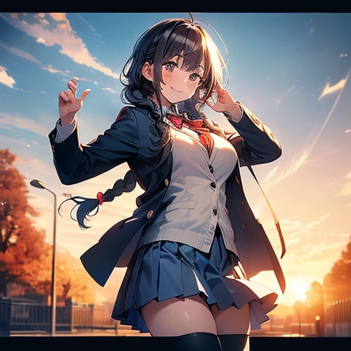 ((masterpiece,best quality)), highres, extremely detailed 8K wallpaper, big boobs, cheerful, greeting, morning, smile, school uniform, blazer, cardigan, jacket, long sleeves, pleated skirt, white shirt, mini skirt, smiling face, tights, fascinator, braid, sunny, from front, autumn, sunshine, autumn, morning, greeting, whole body